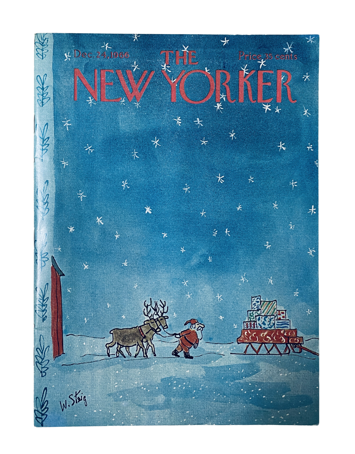 Cover of The New Yorker Magazine dated December 24, 1966, featuring Christmas-themed artwork of Santa, reindeer, and festive snowflakes, created by W. Steig.