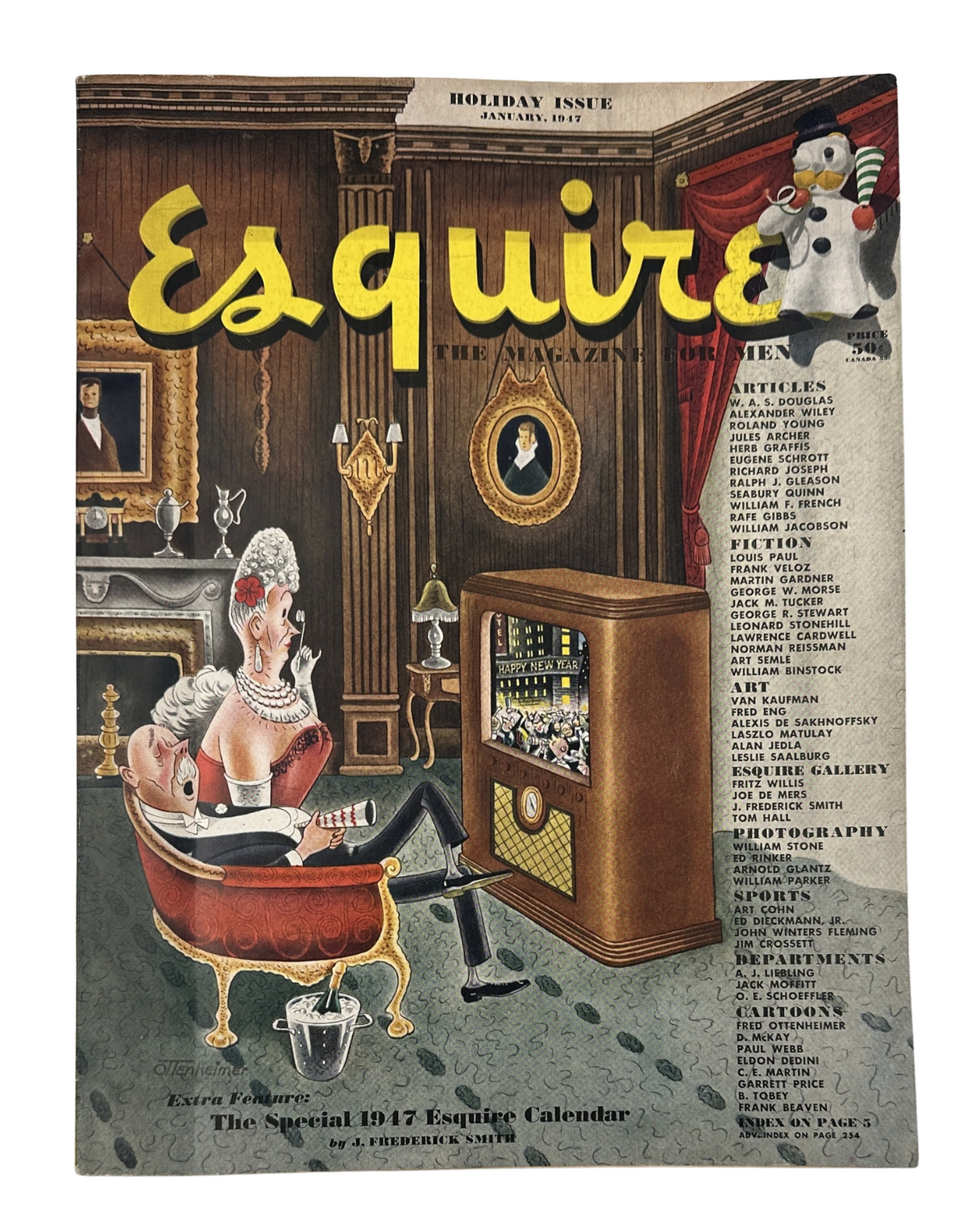 Esquire Magazine January 1947 cover featuring a colorful holiday theme, showcasing a vintage illustration of a woman by a fireplace and a penguin, marked as the 1947 Calendar issue by J. Frederick Smith.