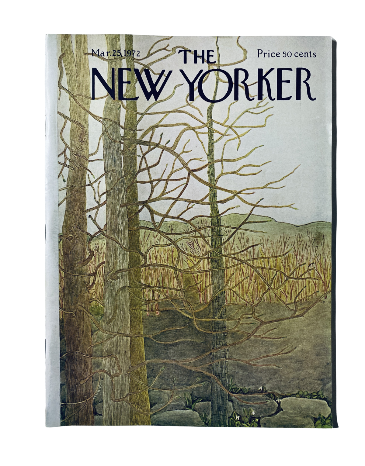 The New Yorker Magazine March 25, 1972 cover featuring a bare trees landscape illustration by Ilonka Karasz, highlighting the natural beauty in a minimalistic style.