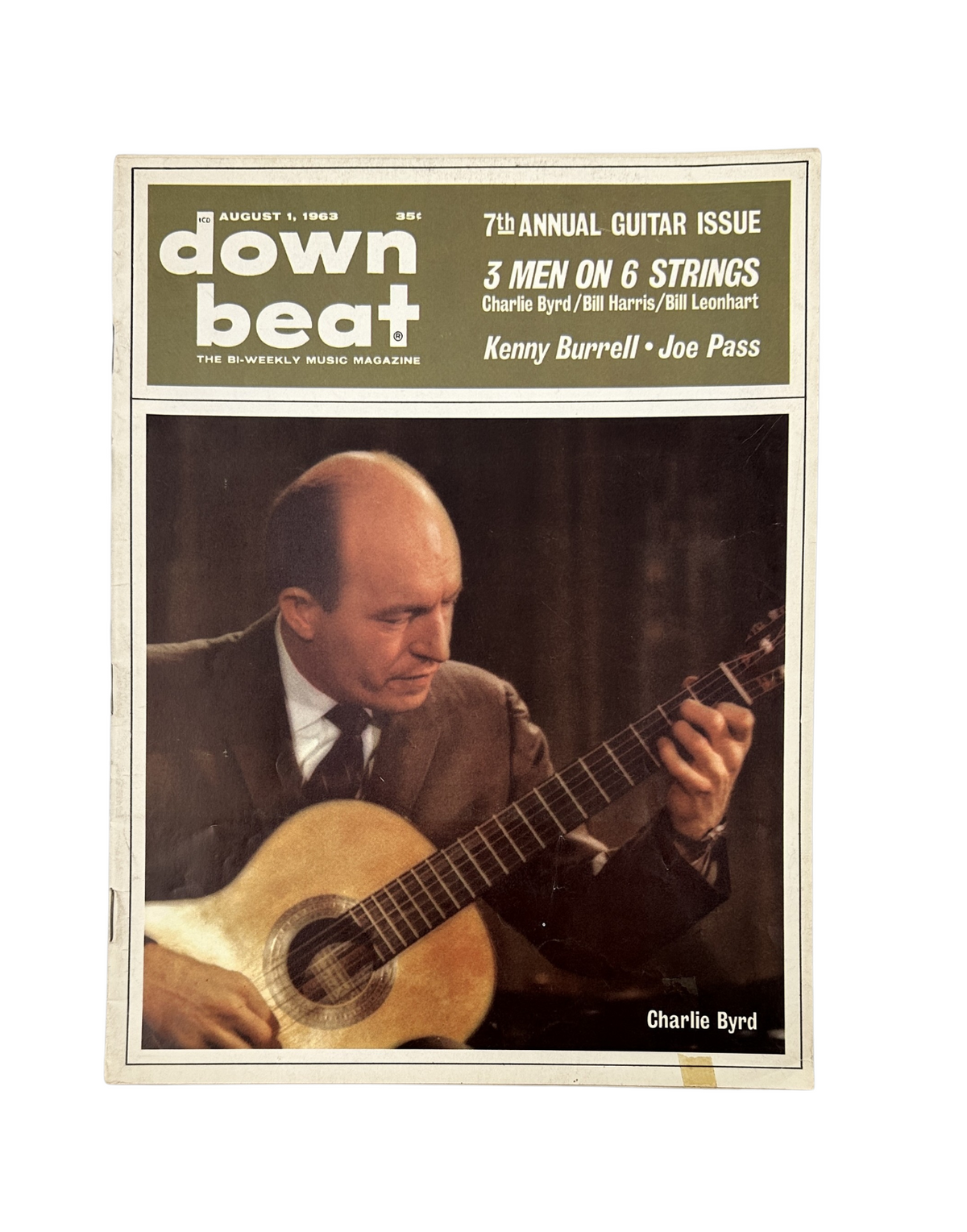 Cover of Down Beat Magazine August 1, 1963 featuring Charlie Byrd, Joe Pass, and Kenny Burrell in the 7th Annual Guitar Issue.