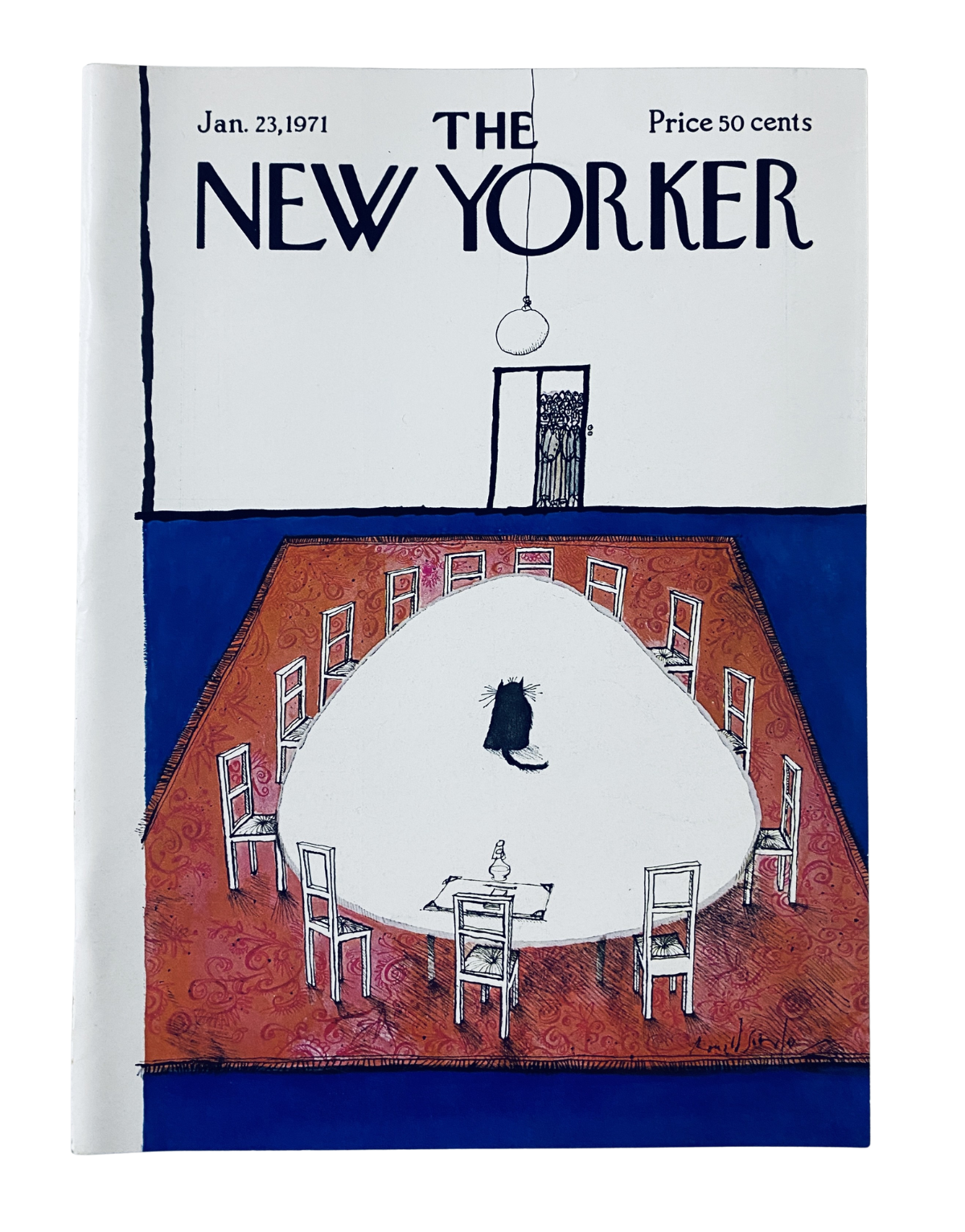 The New Yorker Magazine January 23, 1971 featuring a Ronald Searle illustrated round table cat cover, showcasing a whimsical illustration with a round table and chairs surrounding a central cat.