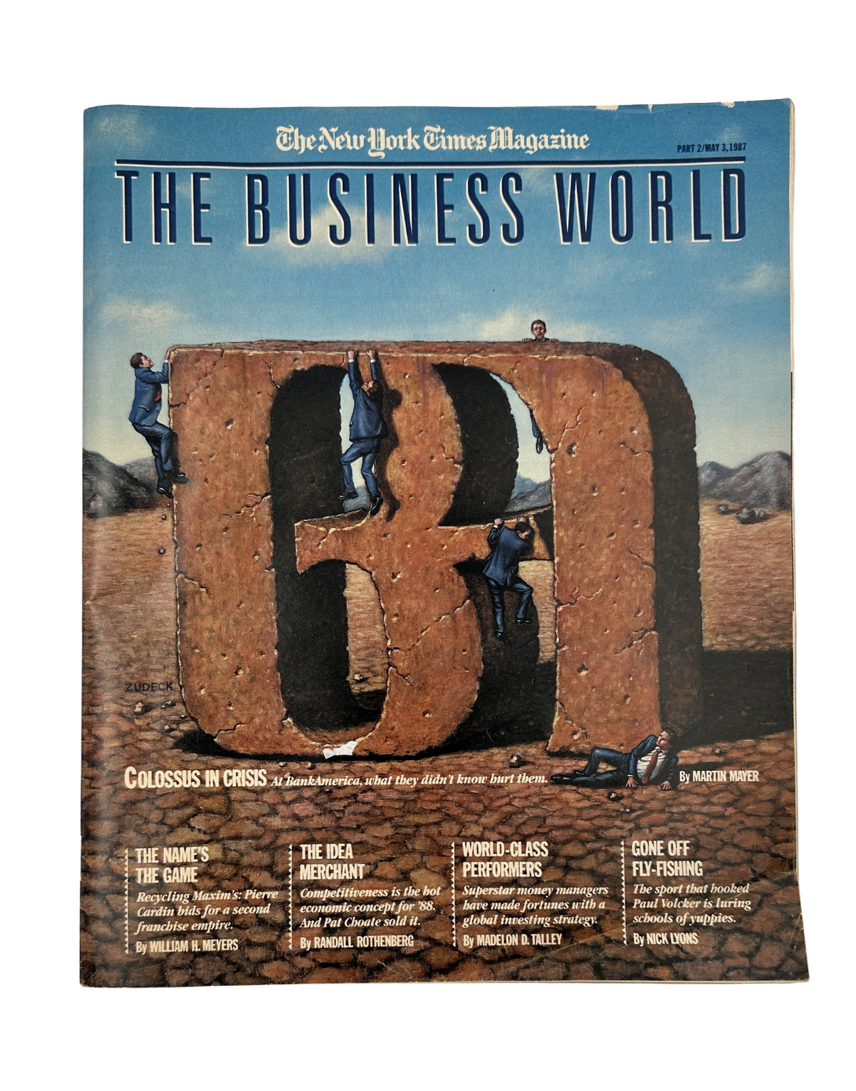 Cover of The New York Times Magazine dated May 3, 1987, featuring the title 'Business World' with the main article 'Colossus in Crisis' by Martin Mayer highlighted, showcasing a creative illustration related to the Bank of America.