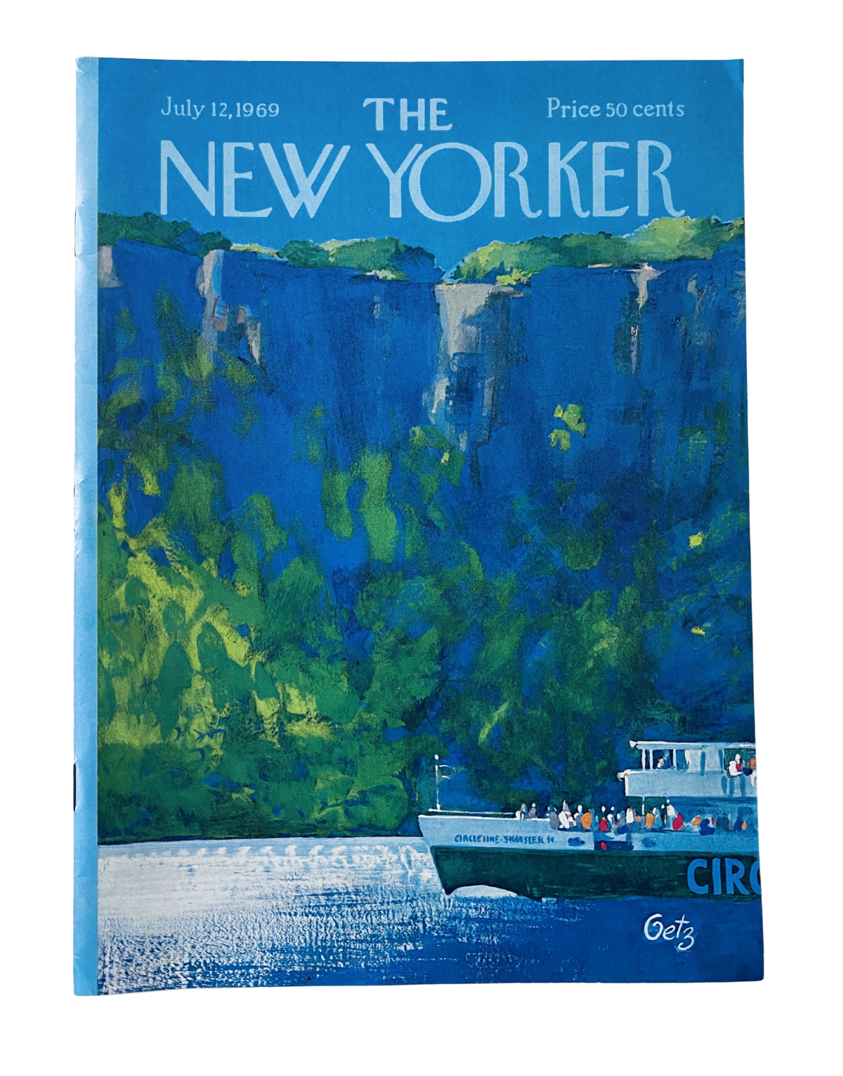 The New Yorker Magazine cover from July 12, 1969, illustrated by Arthur Getz, featuring a scenic view with a boat on a river surrounded by cliffs. This issue, priced at 50 cents, highlights the Paris Peace Talks.