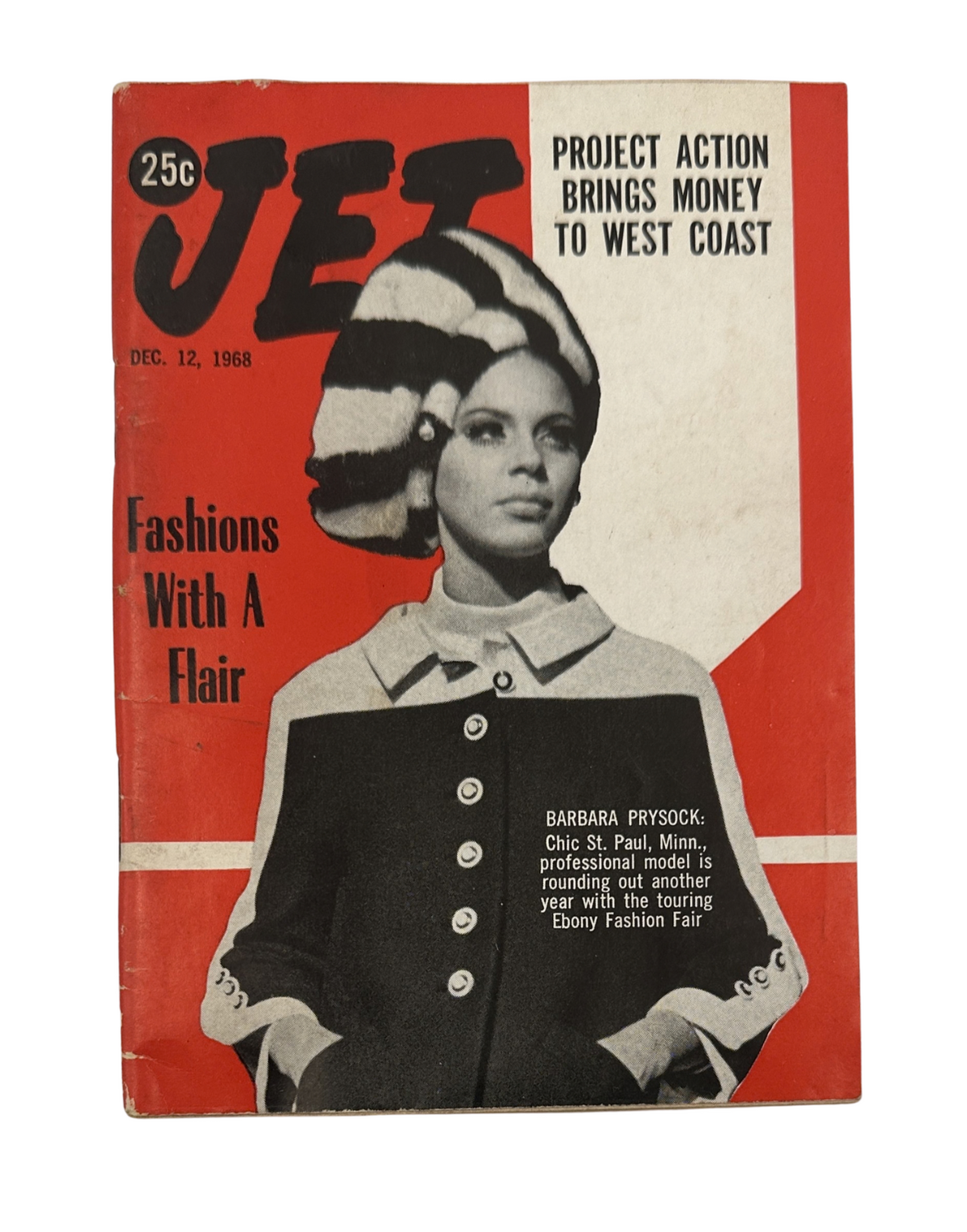 Jet Magazine December 12, 1968 cover featuring Barbara Prysock showcasing 'Fashions With A Flair' and promoting the Ebony Fashion Fair.