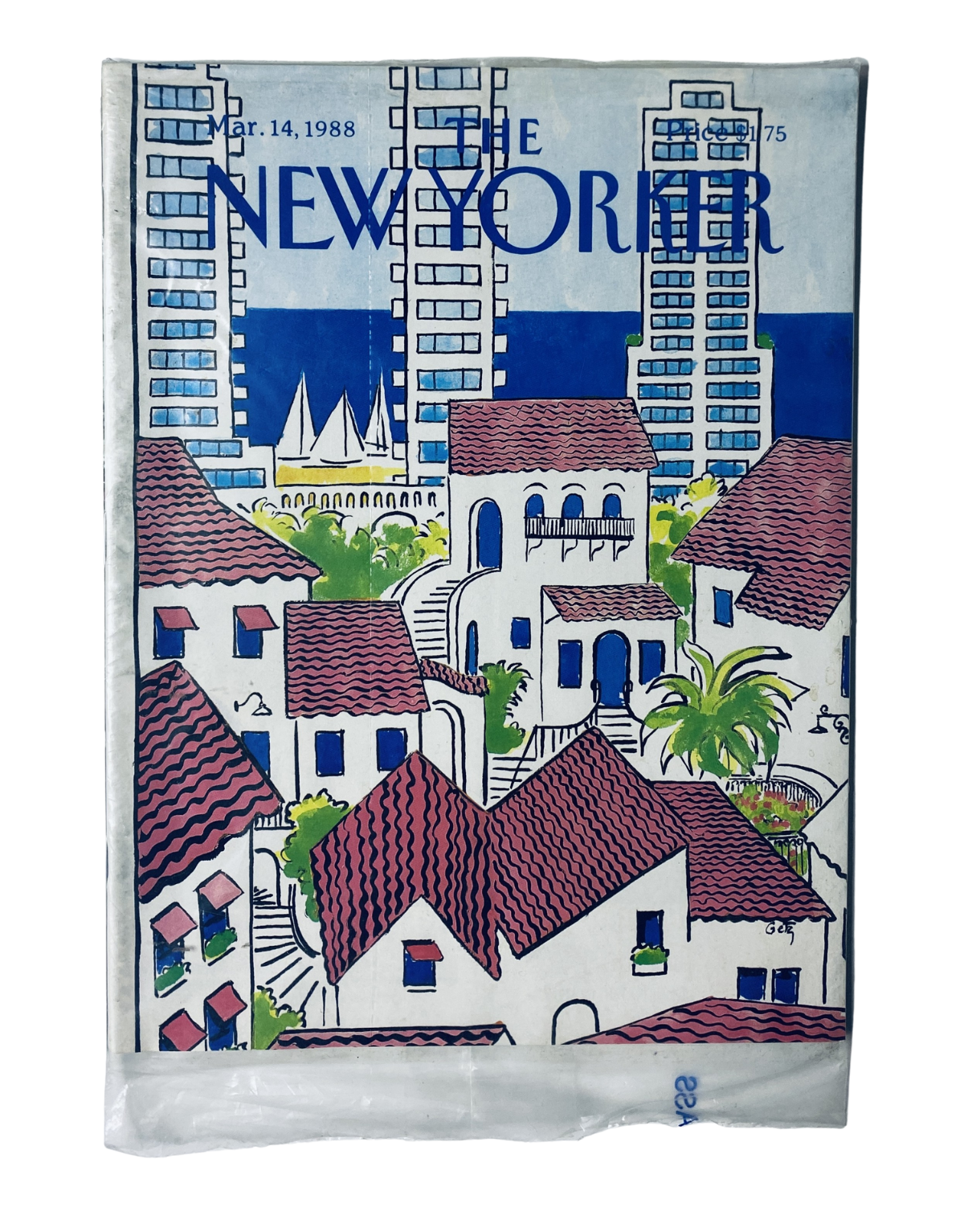 SEALED The New Yorker Magazine March 14, 1988 featuring a colorful Mediterranean village illustration by A. Getz, preserved in original packaging.