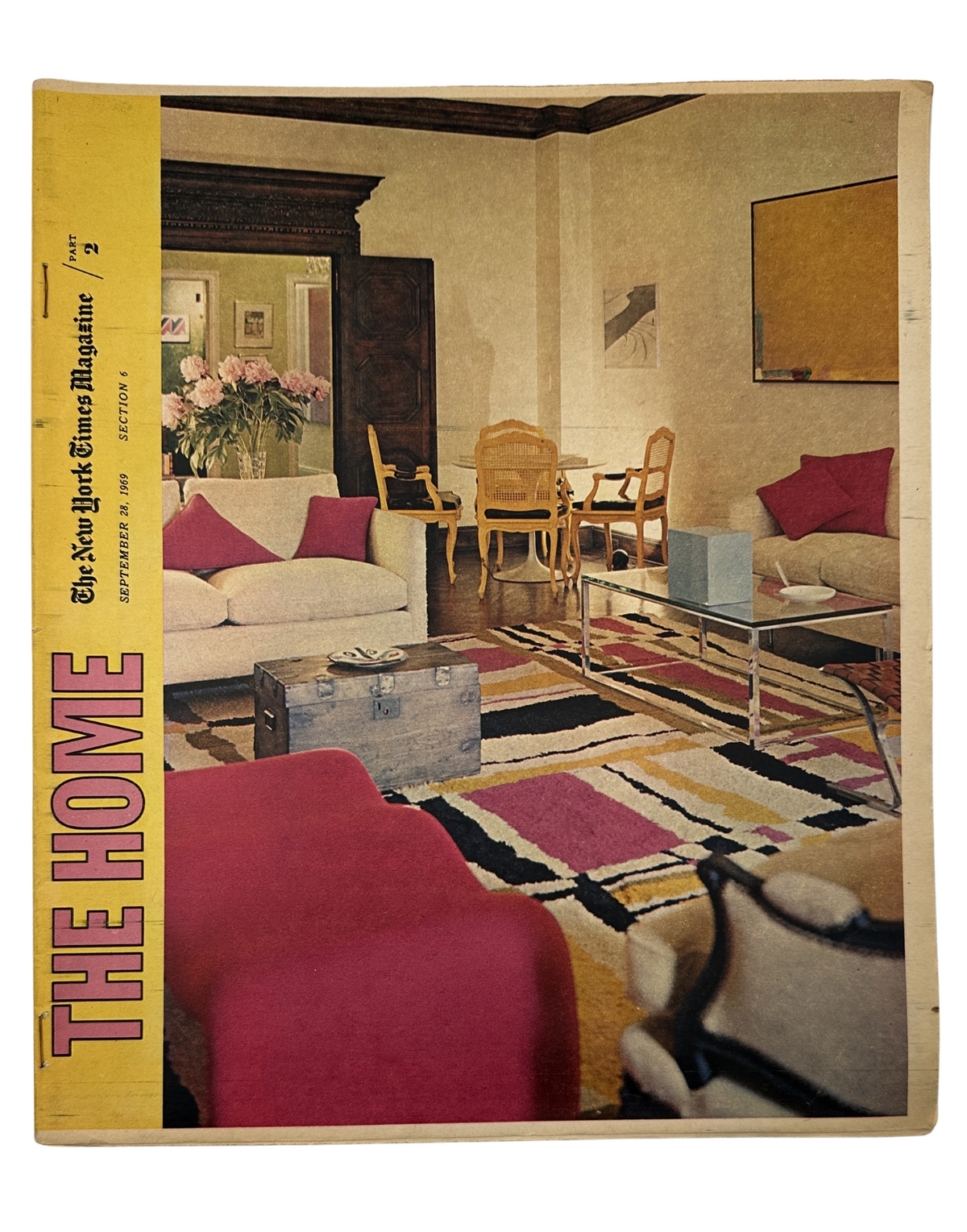 The New York Times Magazine September 28, 1969 The Home cover featuring a stylish living room with mid-century decor, showcasing a rug, elegant furniture, and bright accent pillows.