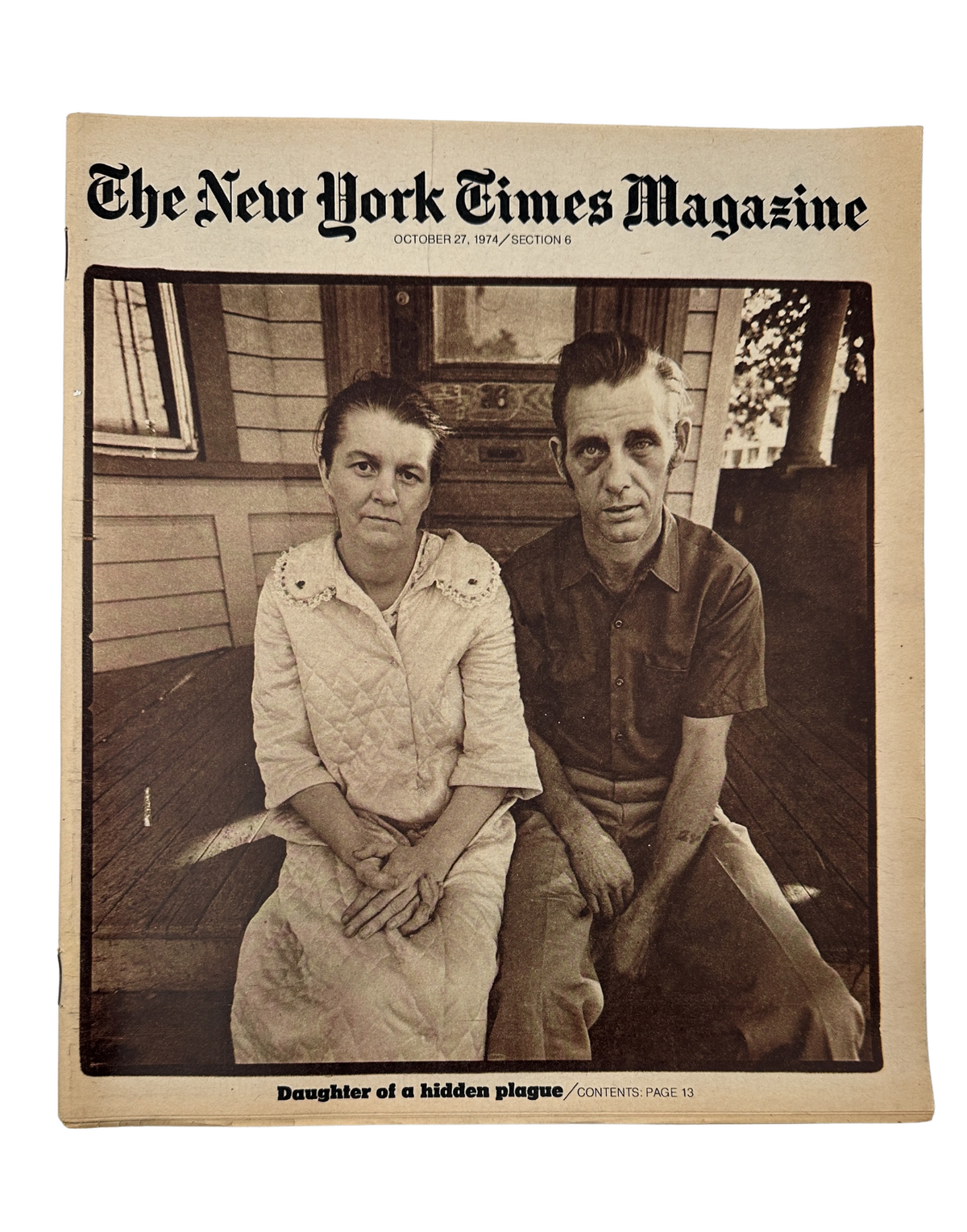 The New York Times Magazine October 27, 1974 cover featuring a photograph of Isabelle Van Zile and her husband Clarence, discussing the theme of hidden plagues. The magazine highlights important health issues and includes content relevant to societal concerns.