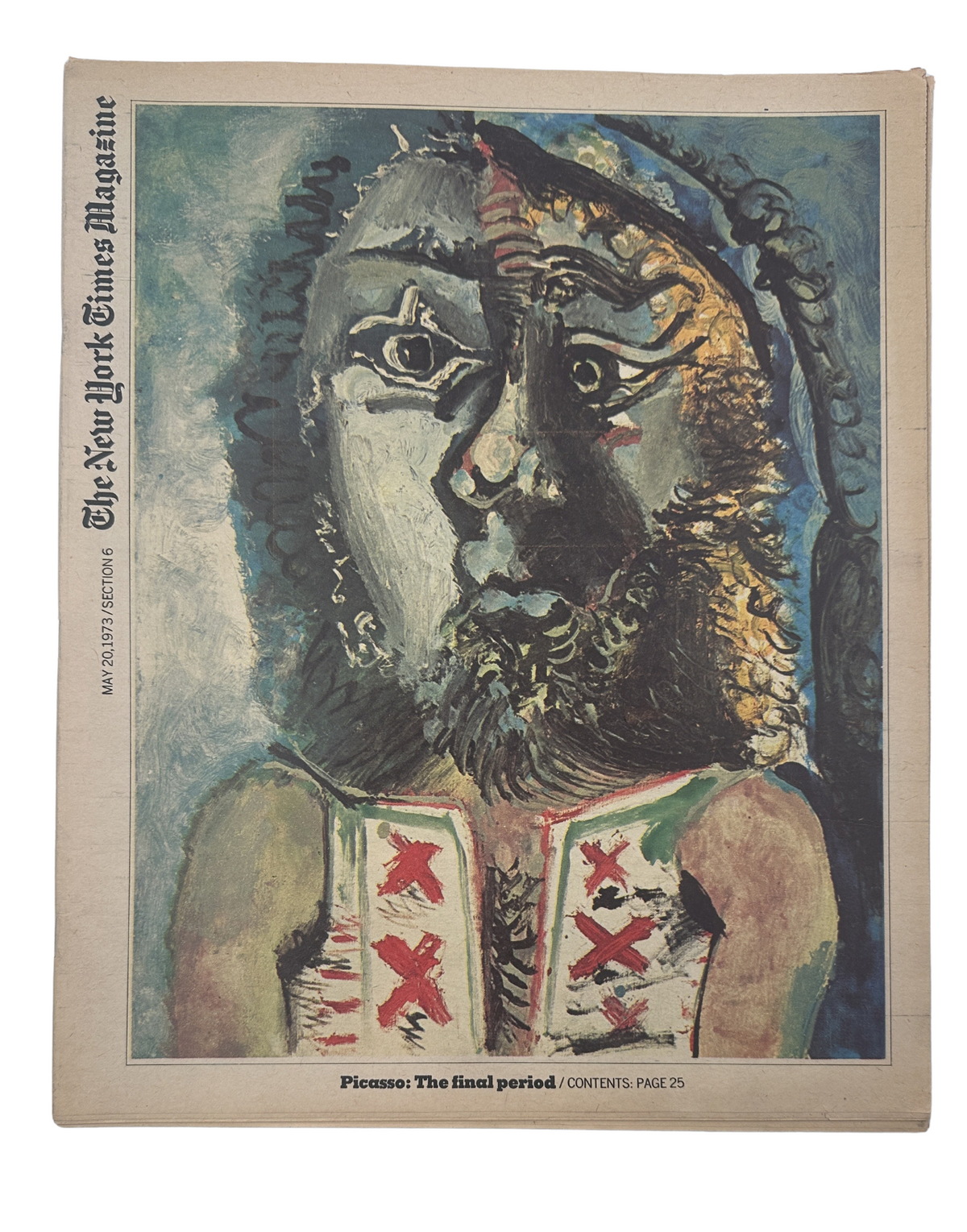 Cover of The New York Times Magazine May 20, 1973 featuring Picasso's painting 'Man with Waistcoat' illustrating Pablo Picasso's final period.