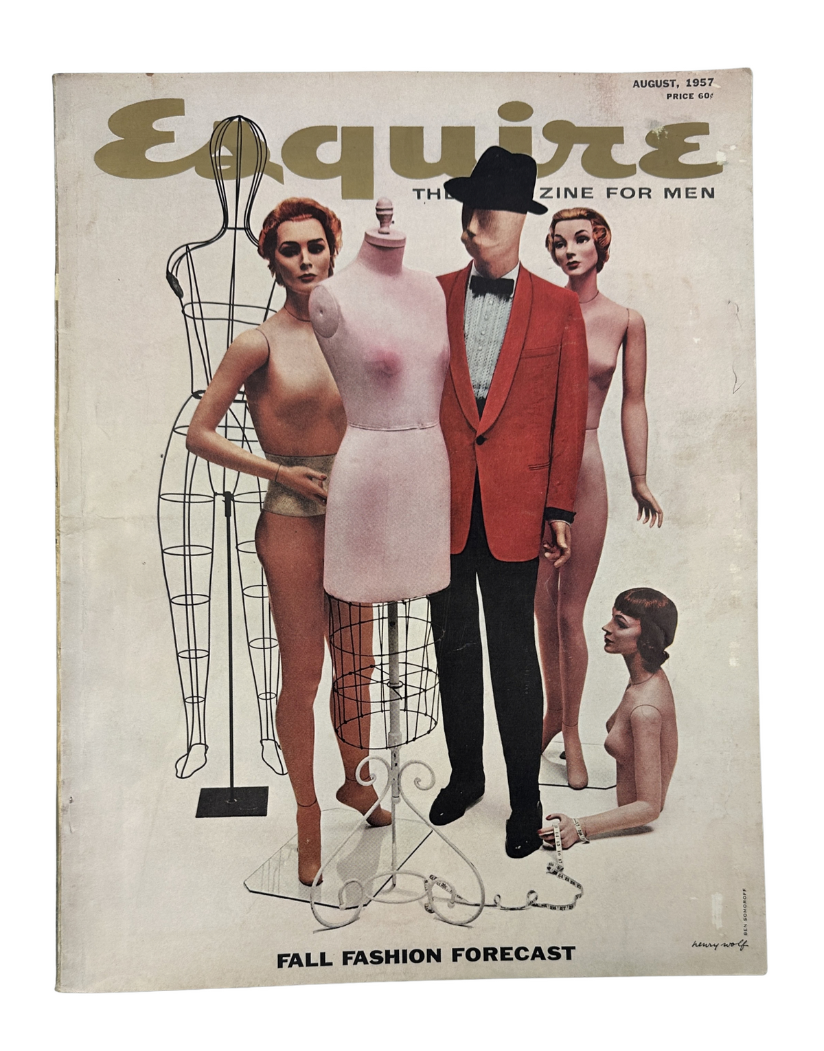 Cover of Esquire Magazine, August 1957 featuring a fashion forecast theme, showcasing mannequins and a model in a red suit against a stylish backdrop.