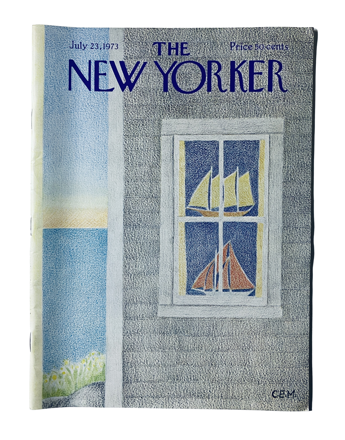 Cover of The New Yorker Magazine July 23, 1973 featuring a sailboat outside a window, illustrated by Charles E. Martin. The magazine is in very good condition, priced at 50 cents.