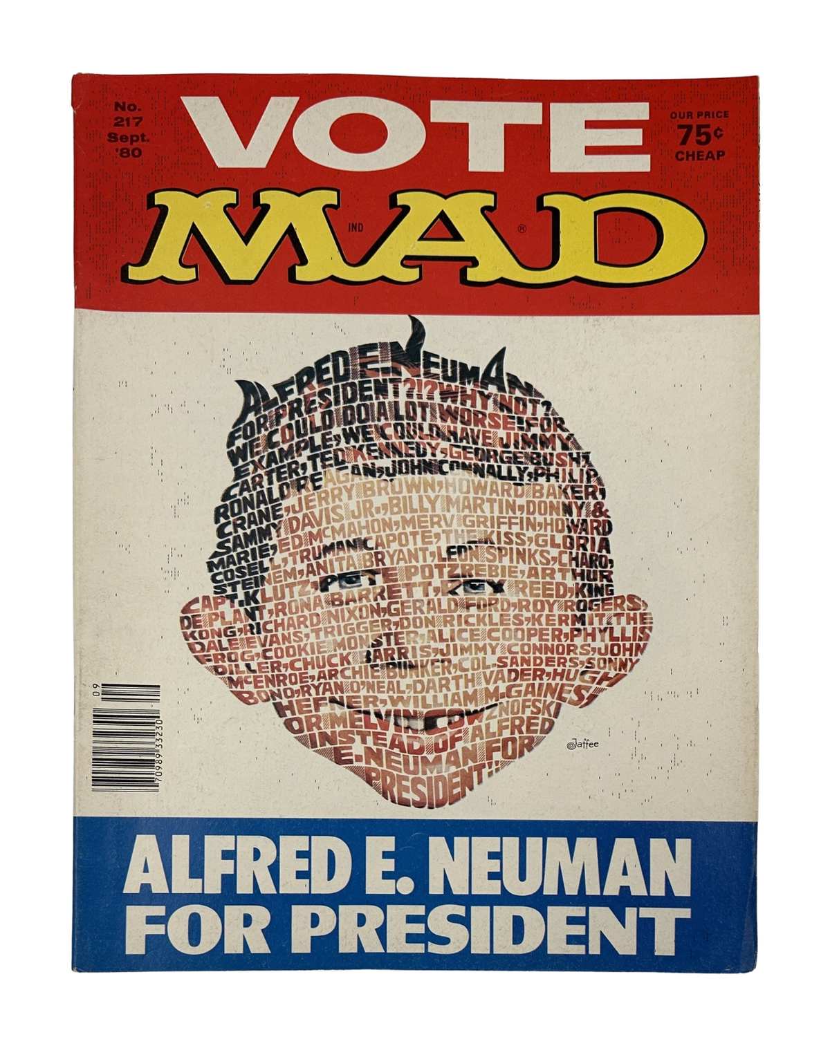 MAD Magazine No. 217 cover from September 1980 featuring a collage of words forming the face of Alfred E. Neuman with the headline 'Vote MAD' and 'Alfred E. Neuman for President'.