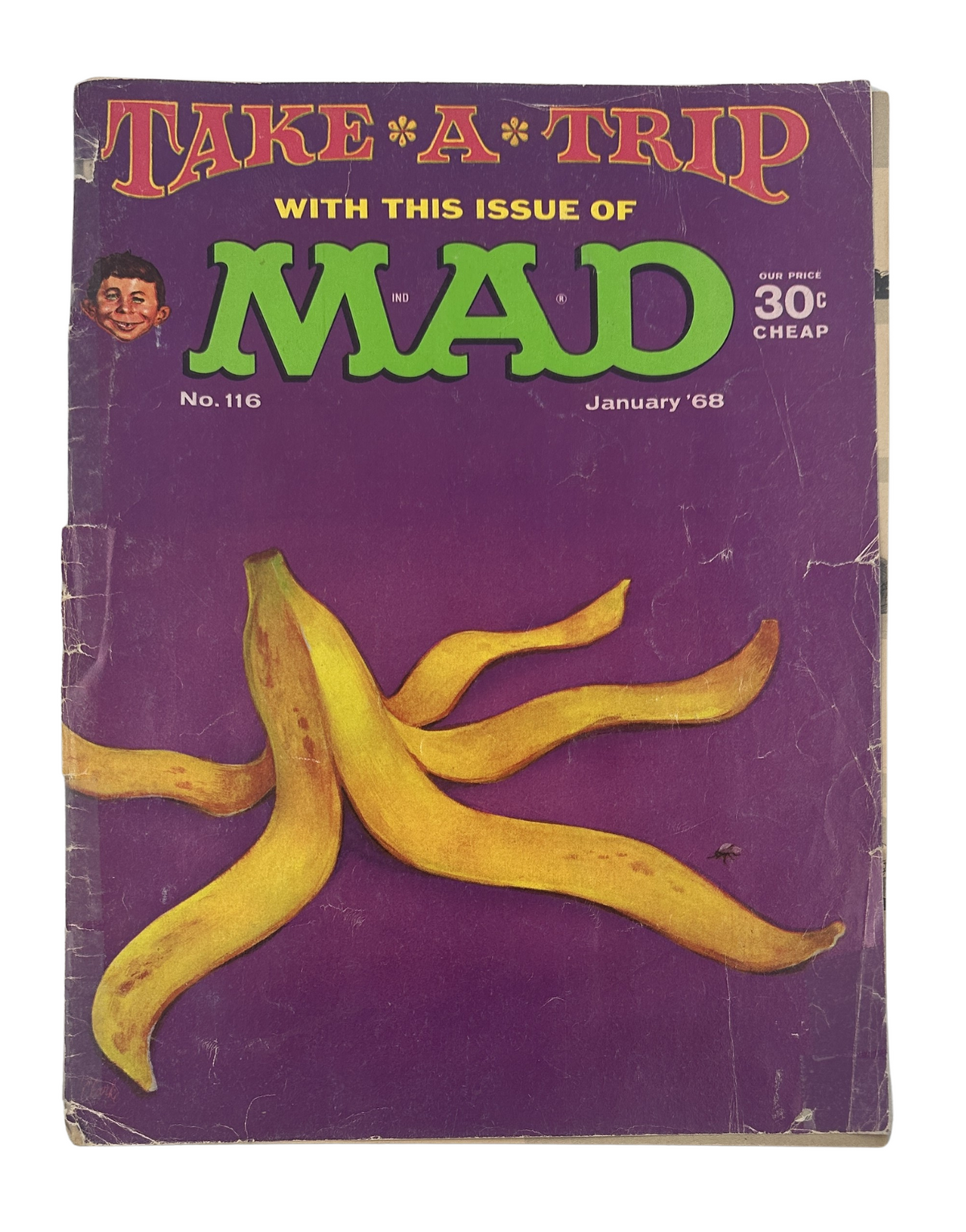 Cover of MAD Magazine No. 116, January 1968, featuring a purple background with bananas and the title 'Take A Trip With This Issue of MAD'. Price listed as 30 cents.
