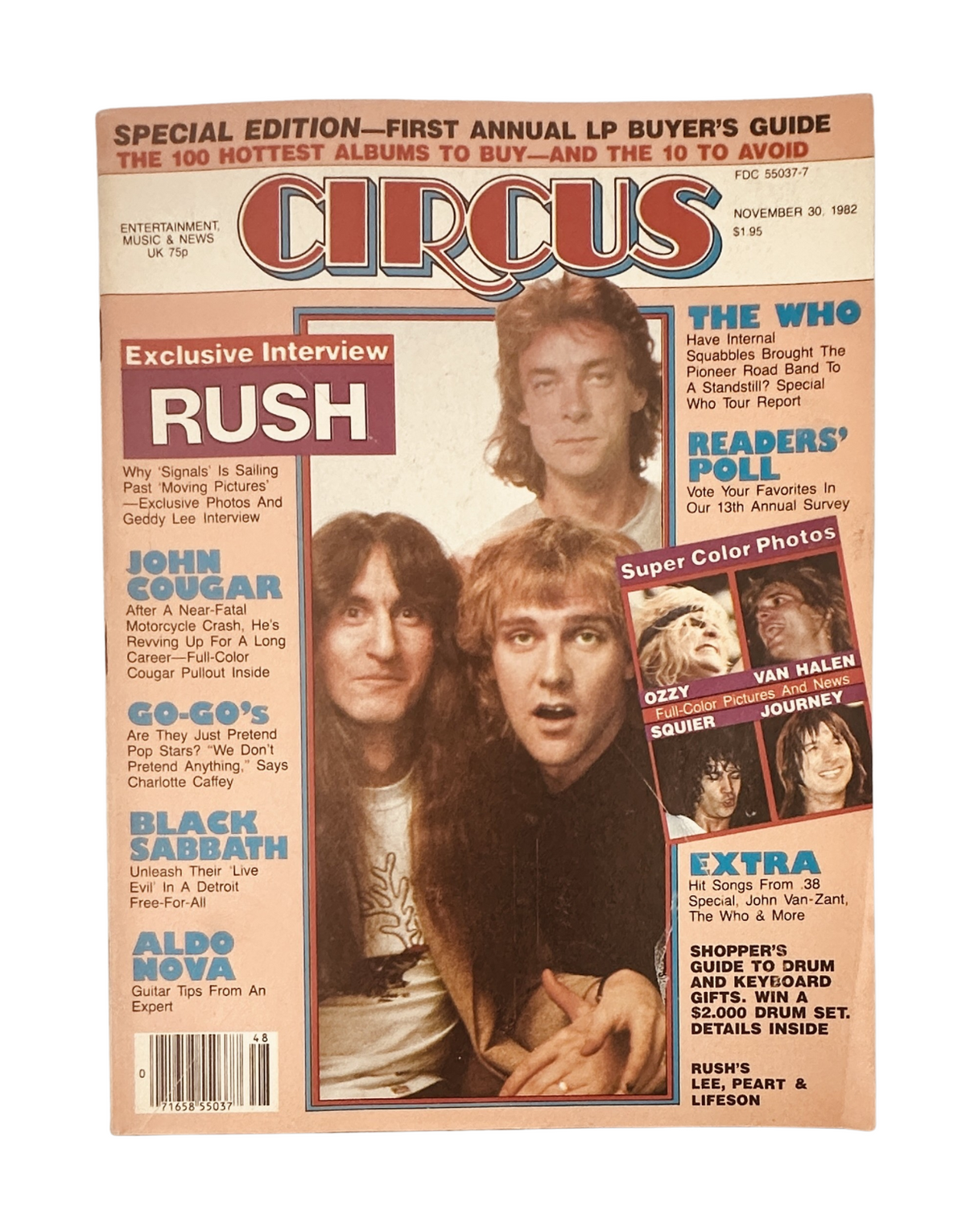 Cover of Circus Magazine from November 30, 1982 featuring an exclusive interview with Rush, alongside images of John Cougar, The Who, and a Readers' Poll. Highlights of the magazine include articles about music history and upcoming albums.