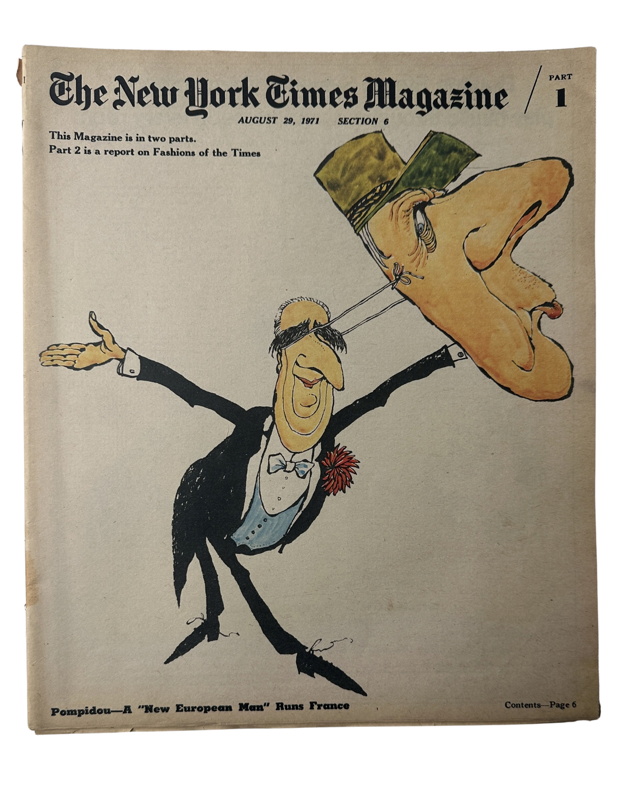 Cover of The New York Times Magazine from August 29, 1971, featuring a caricature of Georges Pompidou depicted as a 'New European Man' with a large head and formal attire.
