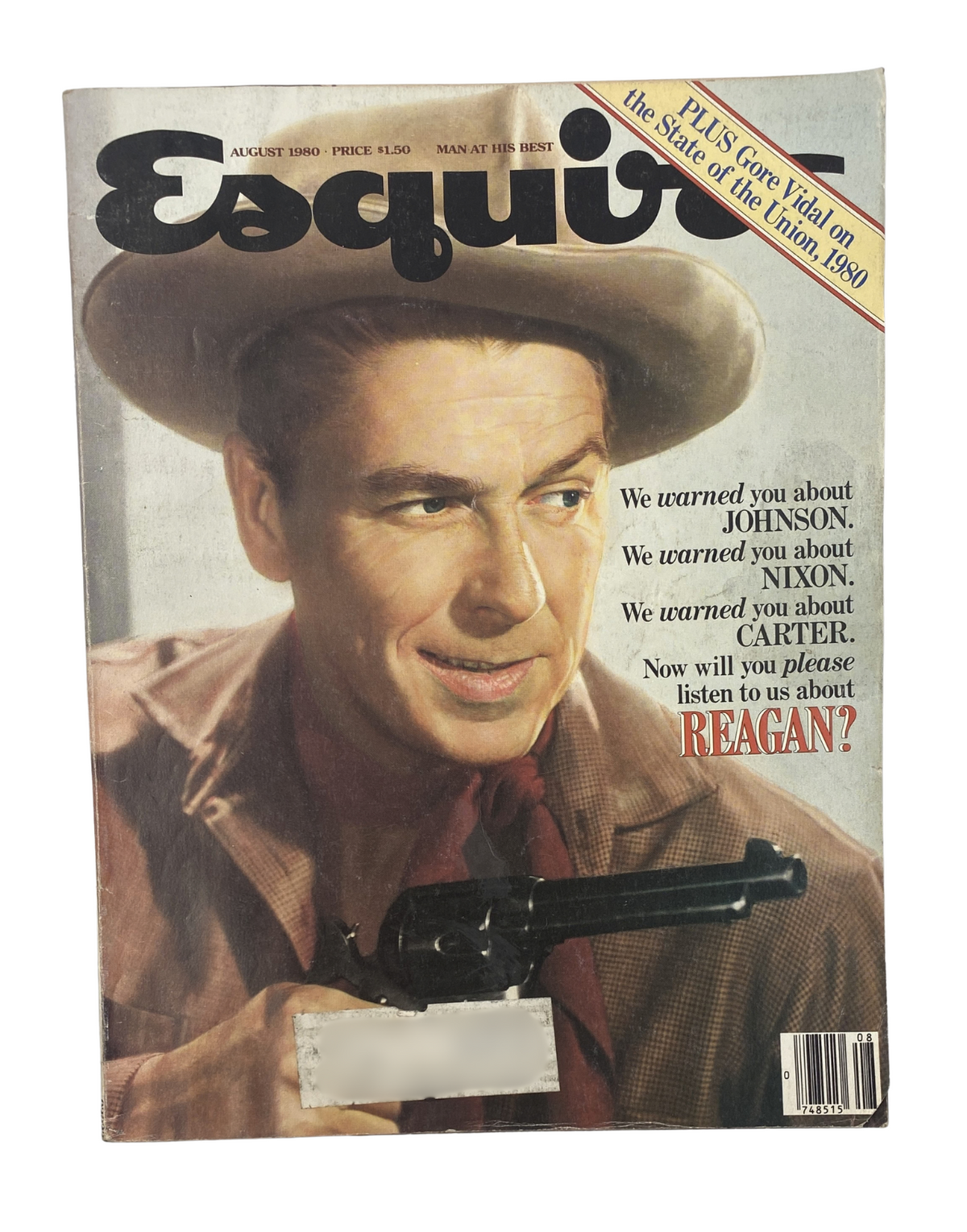 Cover of Esquire Magazine August 1980 featuring a portrait of Ronald Reagan with a gun, highlighting the article 'State of the Union' by Gore Vidal.