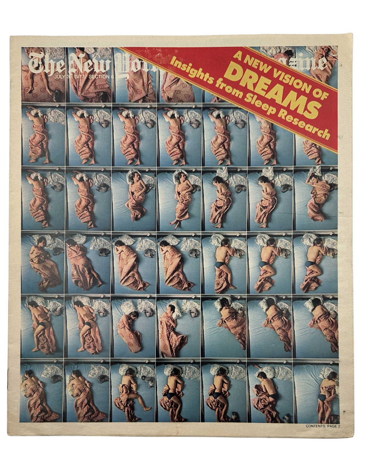 The New York Times Magazine July 3, 1977 cover featuring a series of dream laboratory photographs, showcasing the relationship between dreaming and waking moods as researched by Dr. J. Allan Hobson.