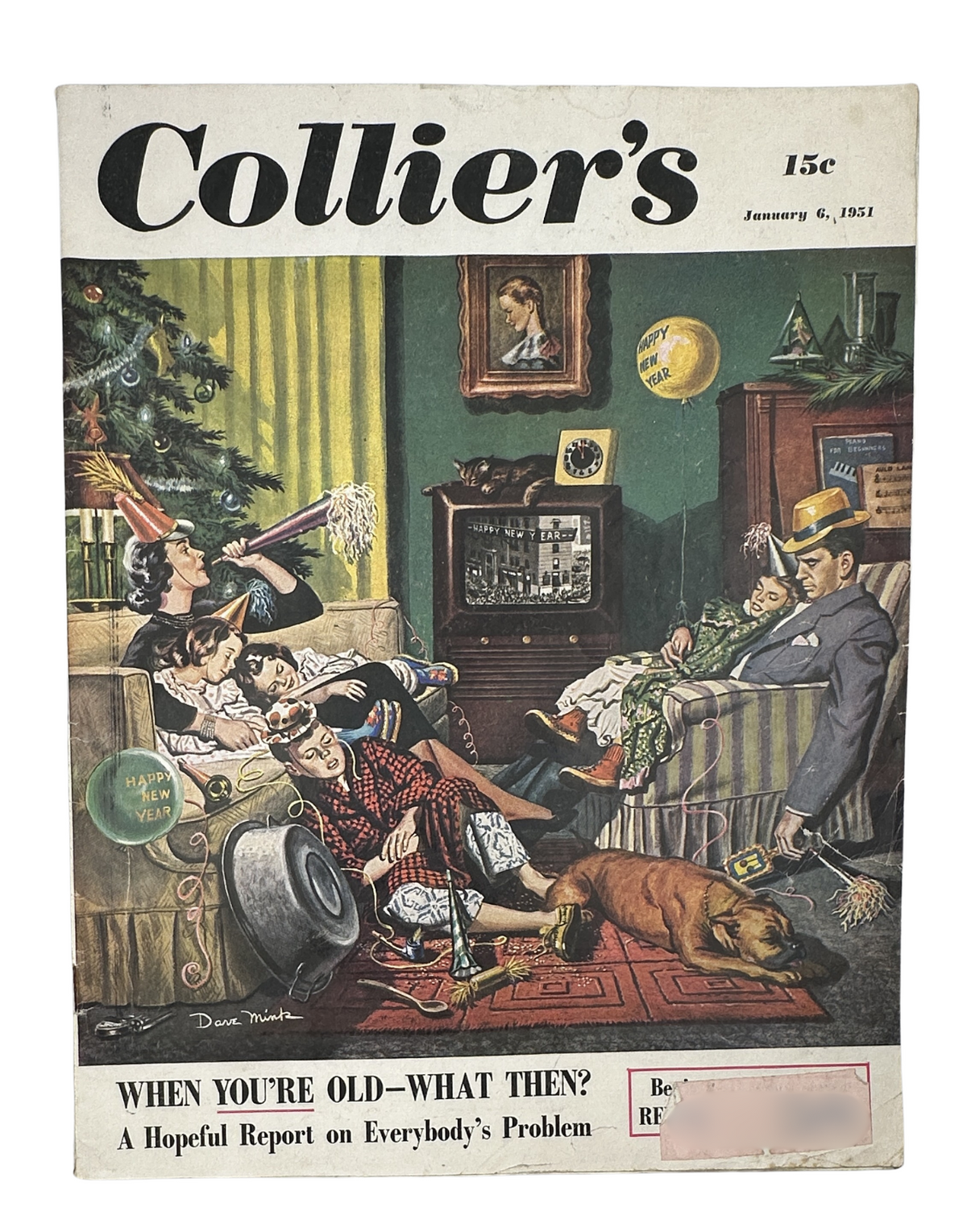 Collier's Magazine January 6, 1951, New Year cover featuring a family scene in front of a vintage TV, including festive decorations and pet dog. A representation of post-war American life.