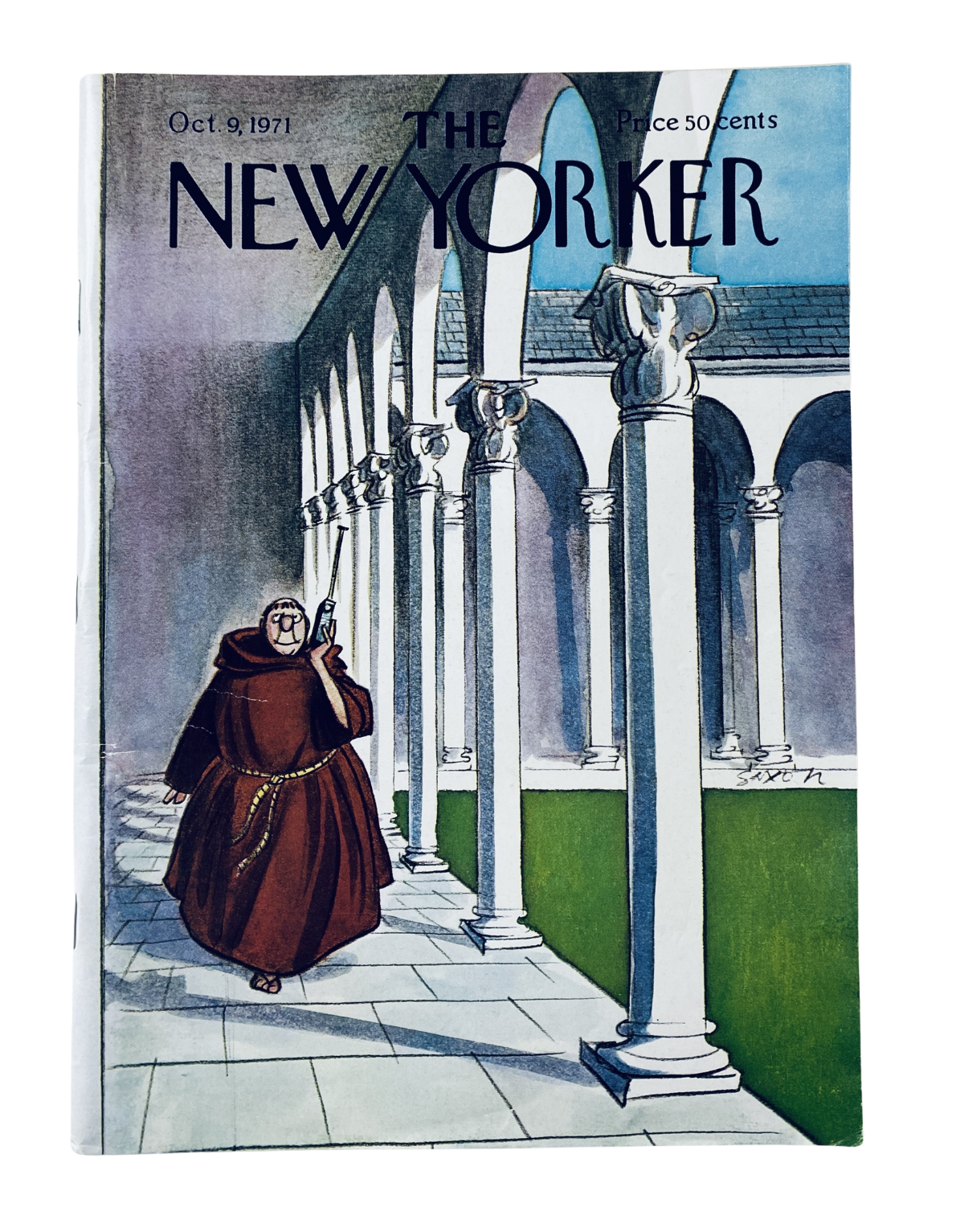 The New Yorker Magazine cover from October 9, 1971 featuring a colorful illustration by Charles Saxon depicting a monk walking in a cloister.