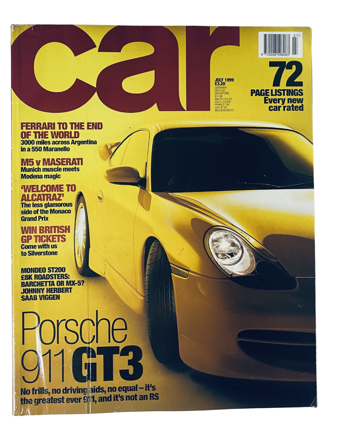 Cover of Car Magazine July 1999 featuring the Porsche 911 GT3, highlighted alongside Ferrari and Maserati models with information on high-performance cars.