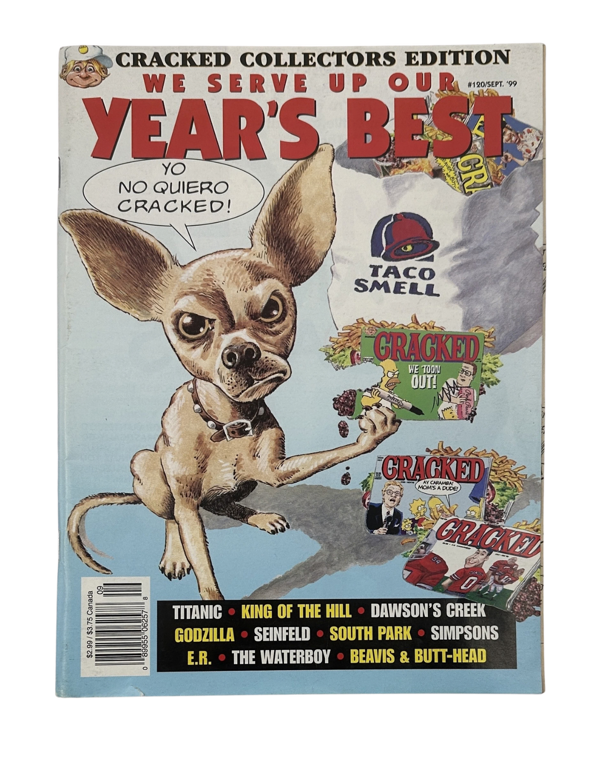 Cracked Collectors Edition No. 120 September 1999, cover featuring an illustration of a Chihuahua with the text 'Yo No Quiero Cracked!' and various Cracked magazine logos.