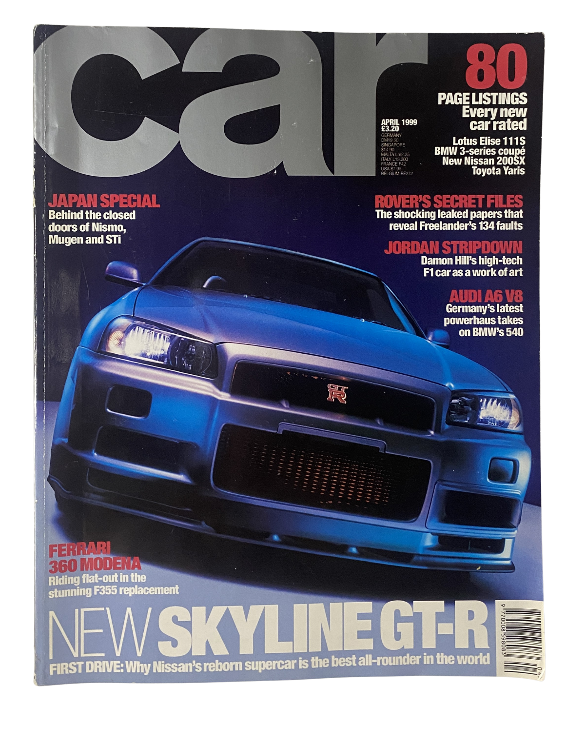 Cover of CAR Magazine April 1999 featuring Nissan Skyline GT-R, Ferrari 360 Modena, and BMW 3-Series. Highlights the new Skyline GT-R and Japan Special.
