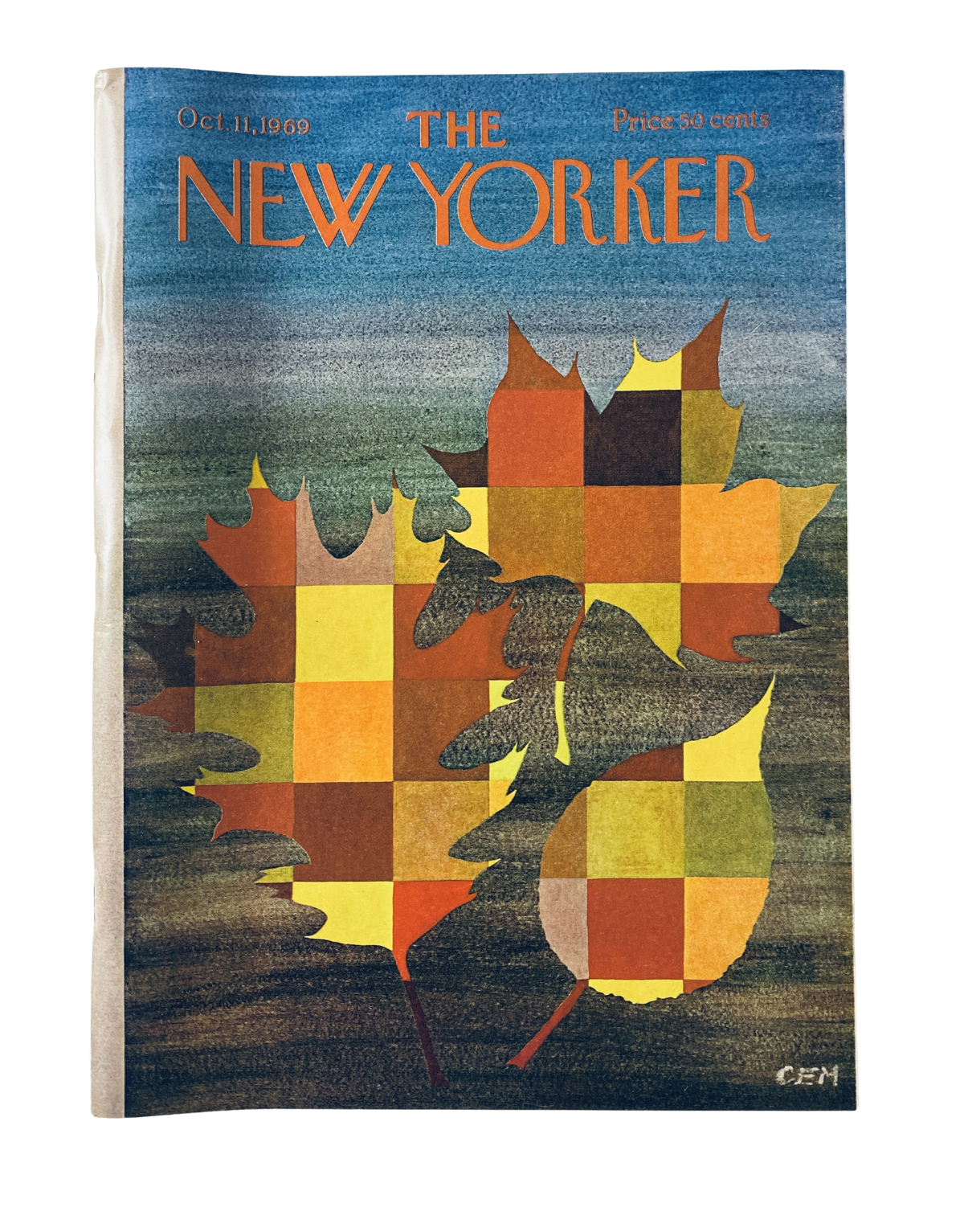 The New Yorker Magazine cover from October 11, 1969 featuring an artistic representation of autumn leaves in vibrant colors. The design showcases a unique blend of geometric shapes, contributing to the magazine's distinct aesthetic.