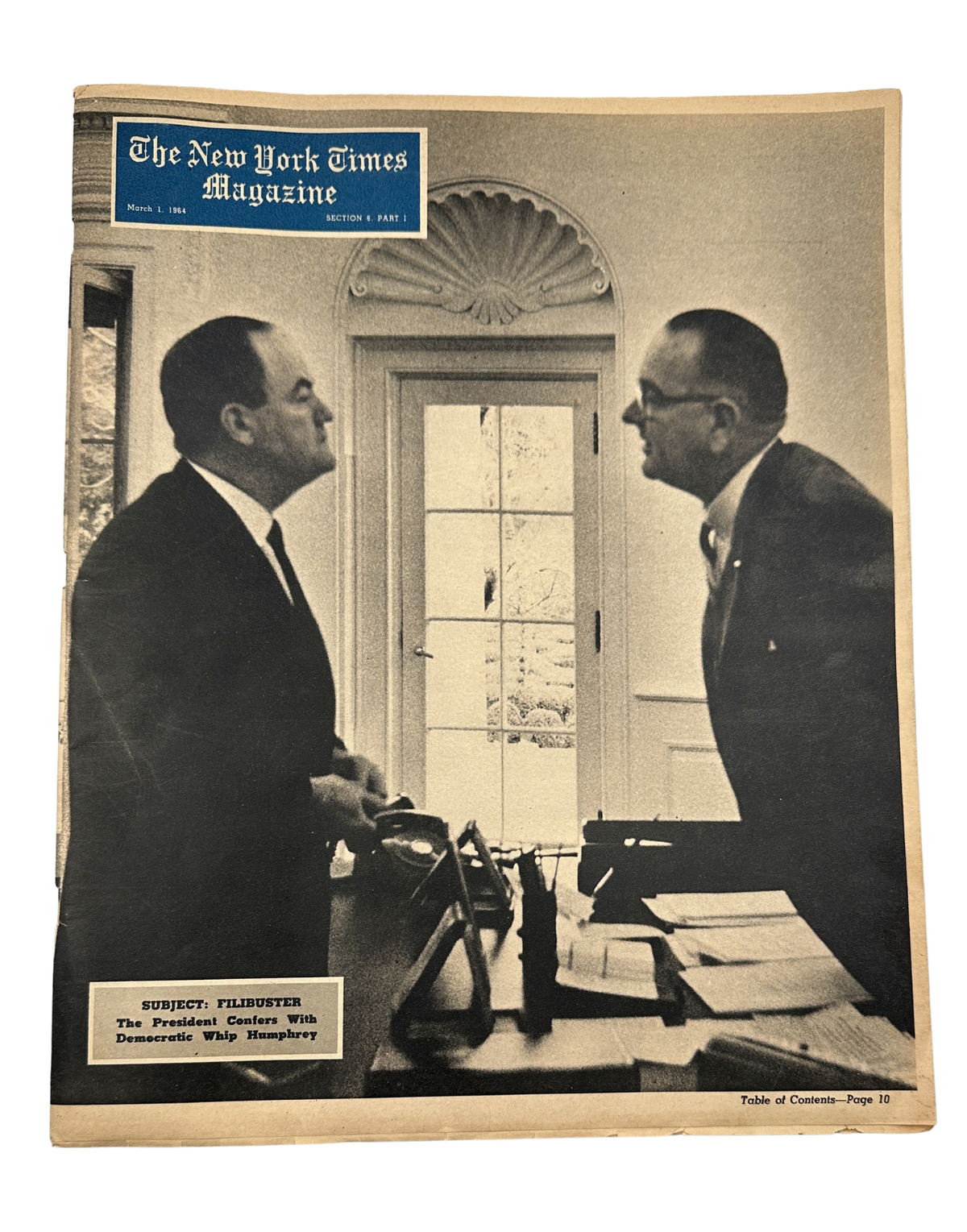 Cover of The New York Times Magazine, March 1, 1964, featuring President Lyndon B. Johnson discussing with Democratic Whip Hubert Humphrey during the filibuster era, depicted in a black and white photograph.