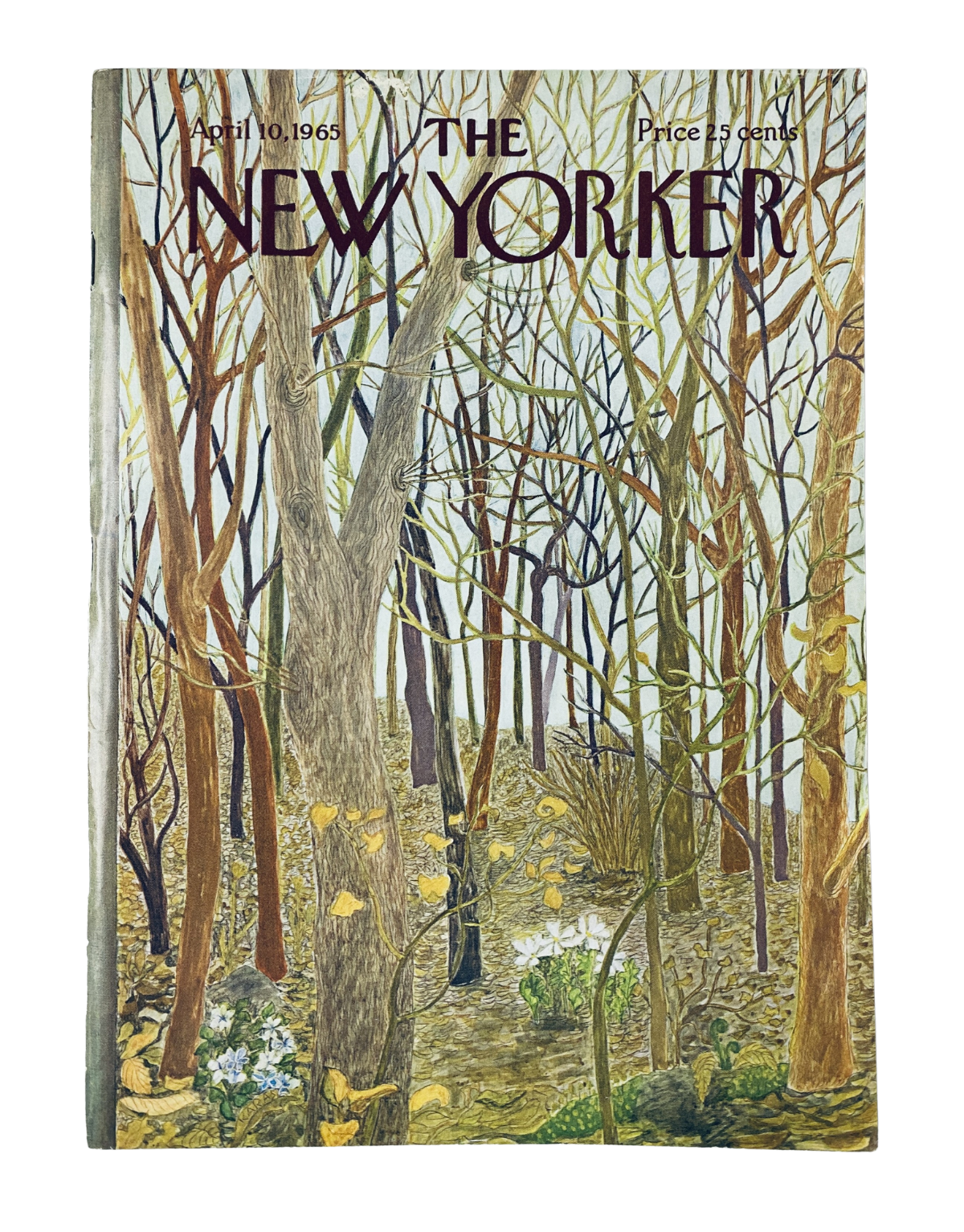 The New Yorker Magazine April 10, 1965 cover featuring a woodland forest scene by Ilonka Karasz, showcasing bare trees and early spring foliage.