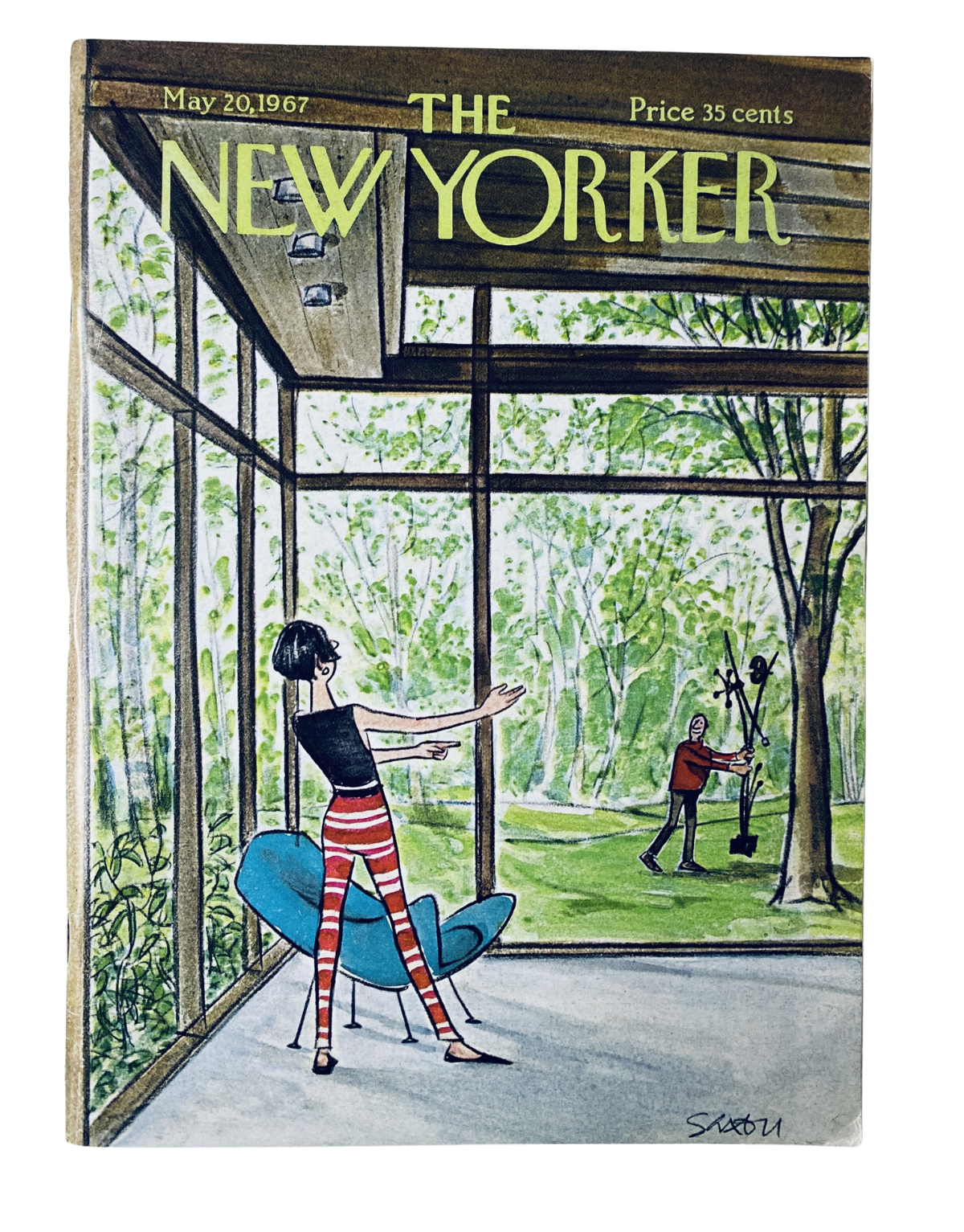 Cover of The New Yorker Magazine from May 20, 1967, featuring a modern glass house illustration by Charles Saxon, depicting a woman in striped pants and a man working outside.