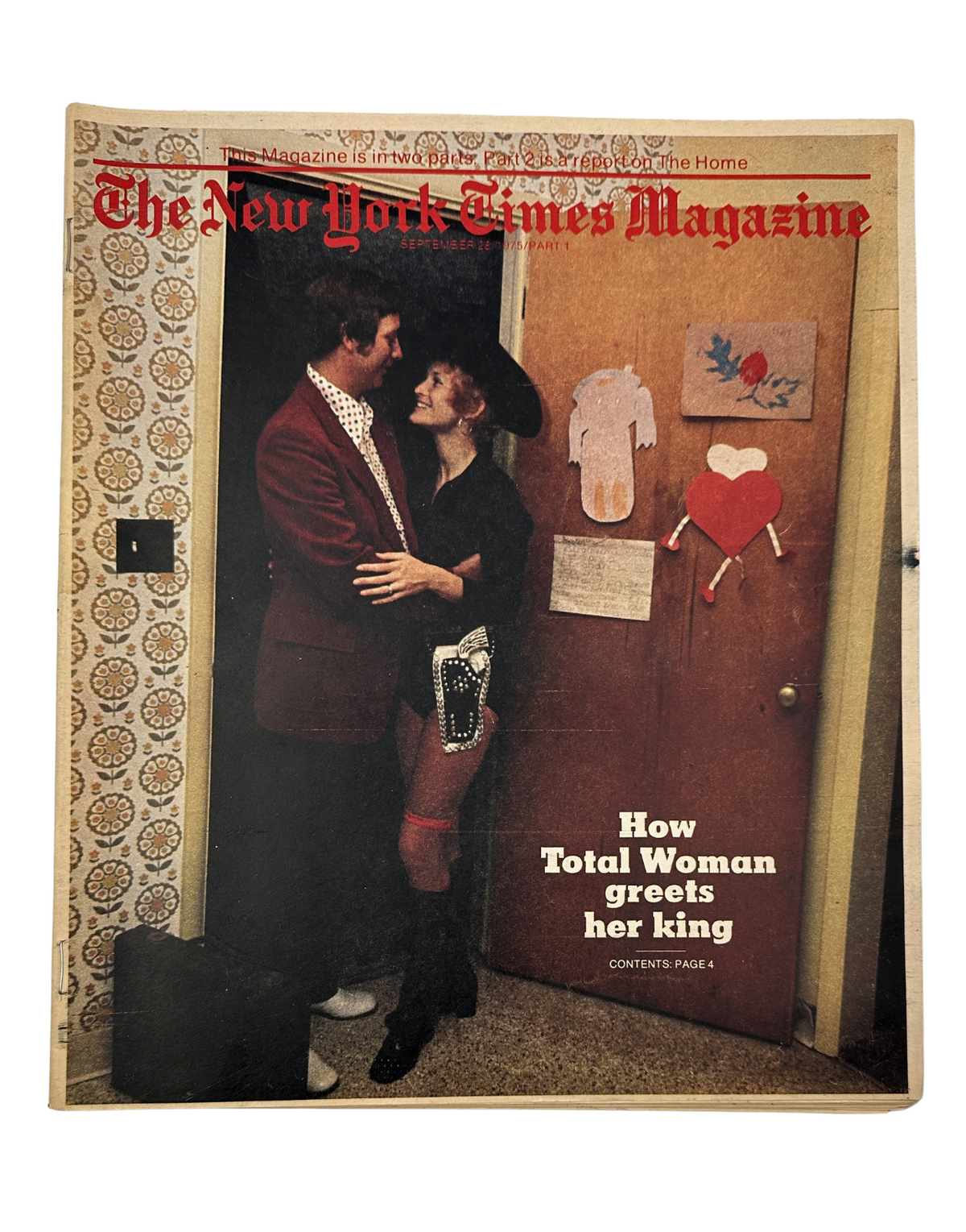 Cover of The New York Times Magazine, September 28, 1975, featuring the article 'How Total Woman greets her king' with a depiction of a couple, emphasizing themes of gender roles and domesticity.