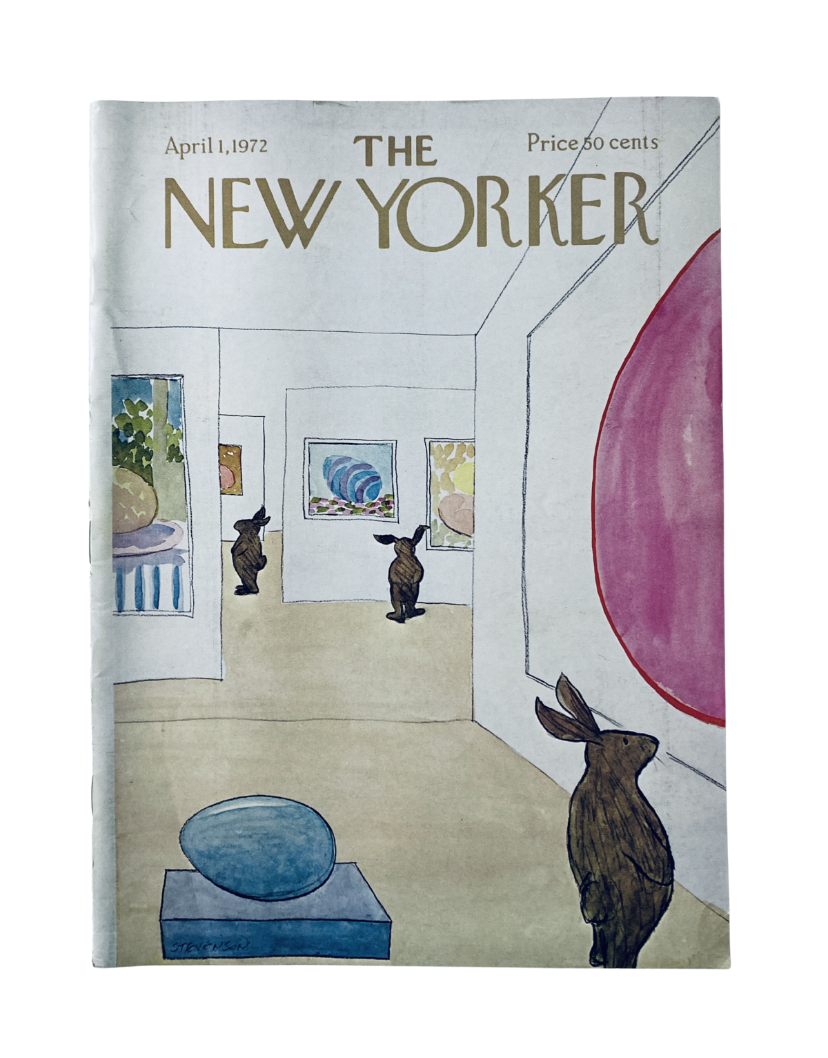 Cover of The New Yorker Magazine April 1, 1972 featuring artwork of rabbits in an art gallery by J. Stevenson.