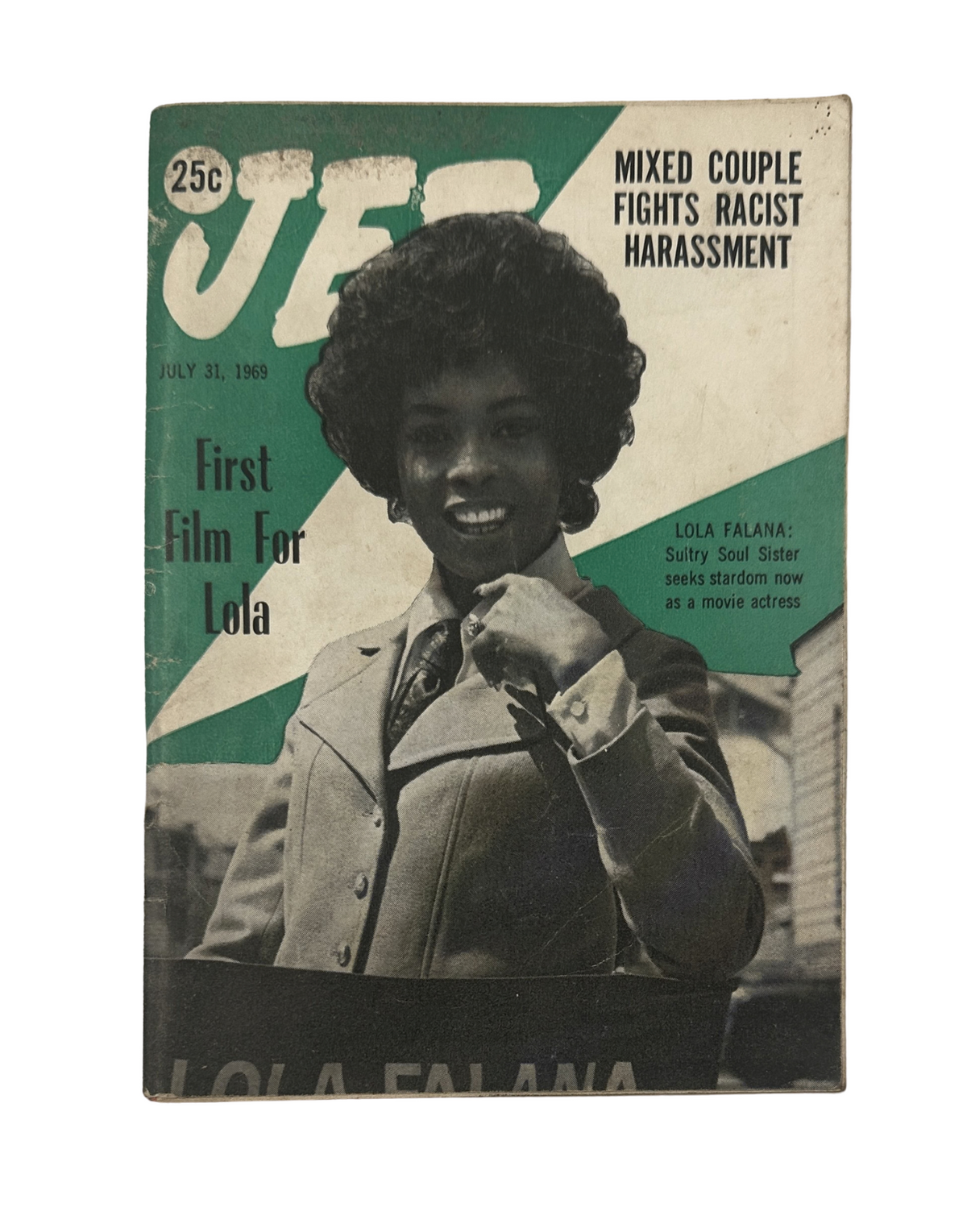 Cover of Jet Magazine from July 31, 1969 featuring Lola Falana, showcasing the headline 'Mixed Couple Fights Racist Harassment', in acceptable reader condition with visible wear.