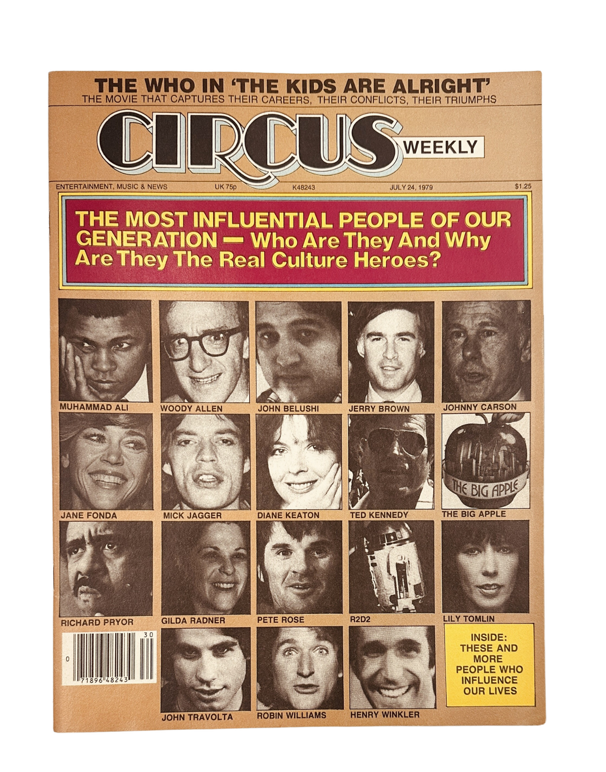 Circus Weekly Magazine July 24, 1979 cover featuring influential figures like Woody Allen, Mick Jagger, and John Belushi, highlighting the topic 'Cultures Heroes'.