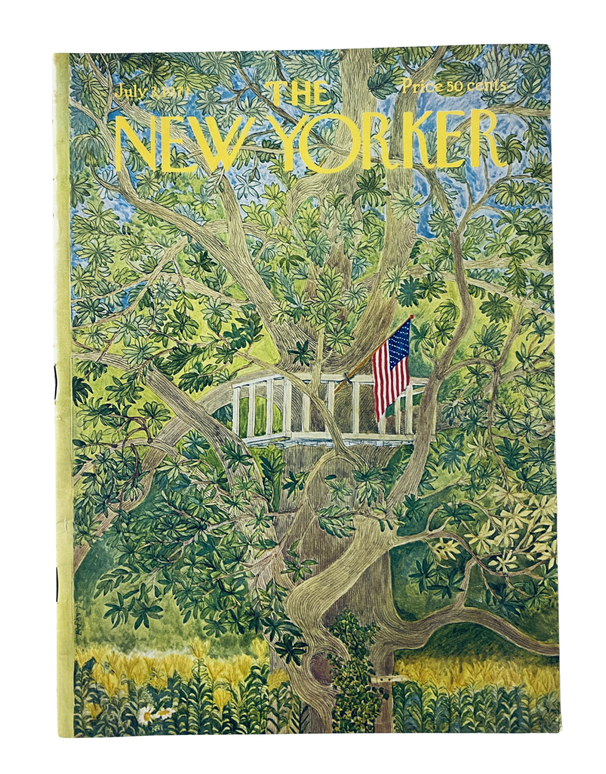 Cover of The New Yorker Magazine from July 3, 1971, featuring a tree house with an American flag, artwork by Ilonka Karasz.