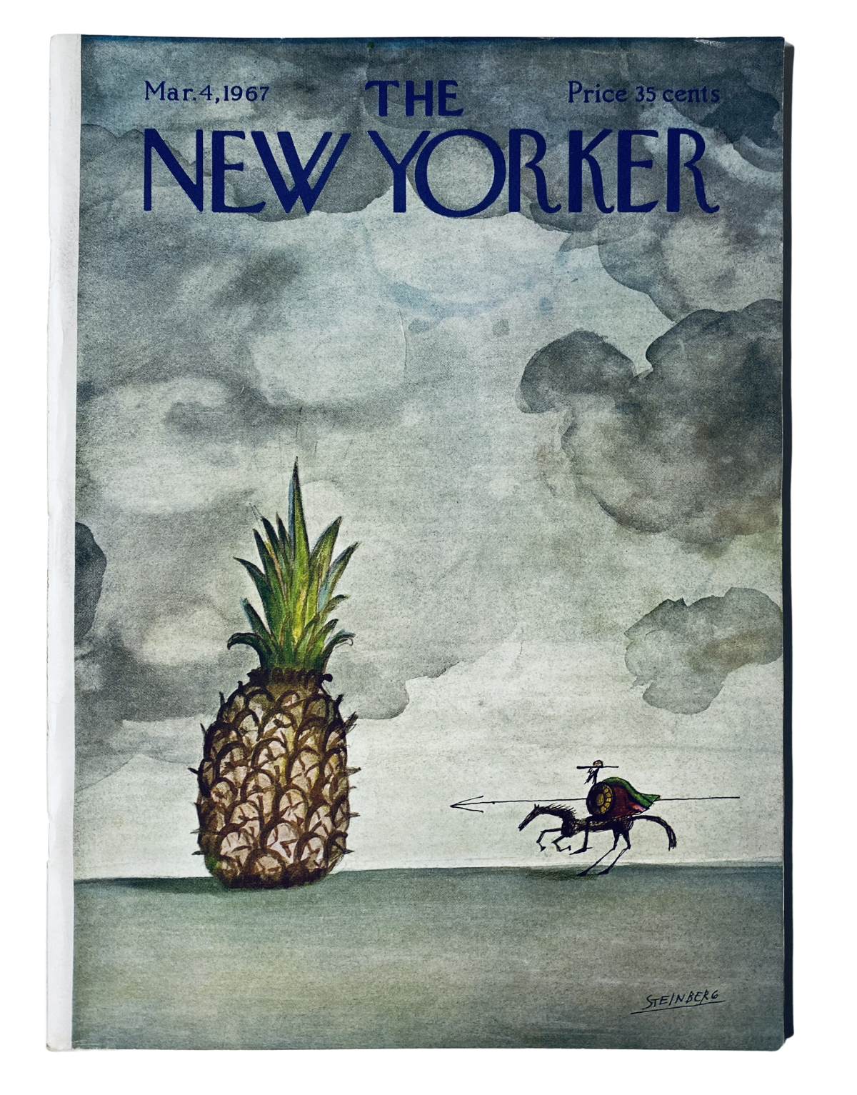 Cover of The New Yorker magazine, March 4, 1967, featuring unique Saul Steinberg art with a large pineapple and a figure on horseback against a moody sky. Vintage collectible in very good condition.