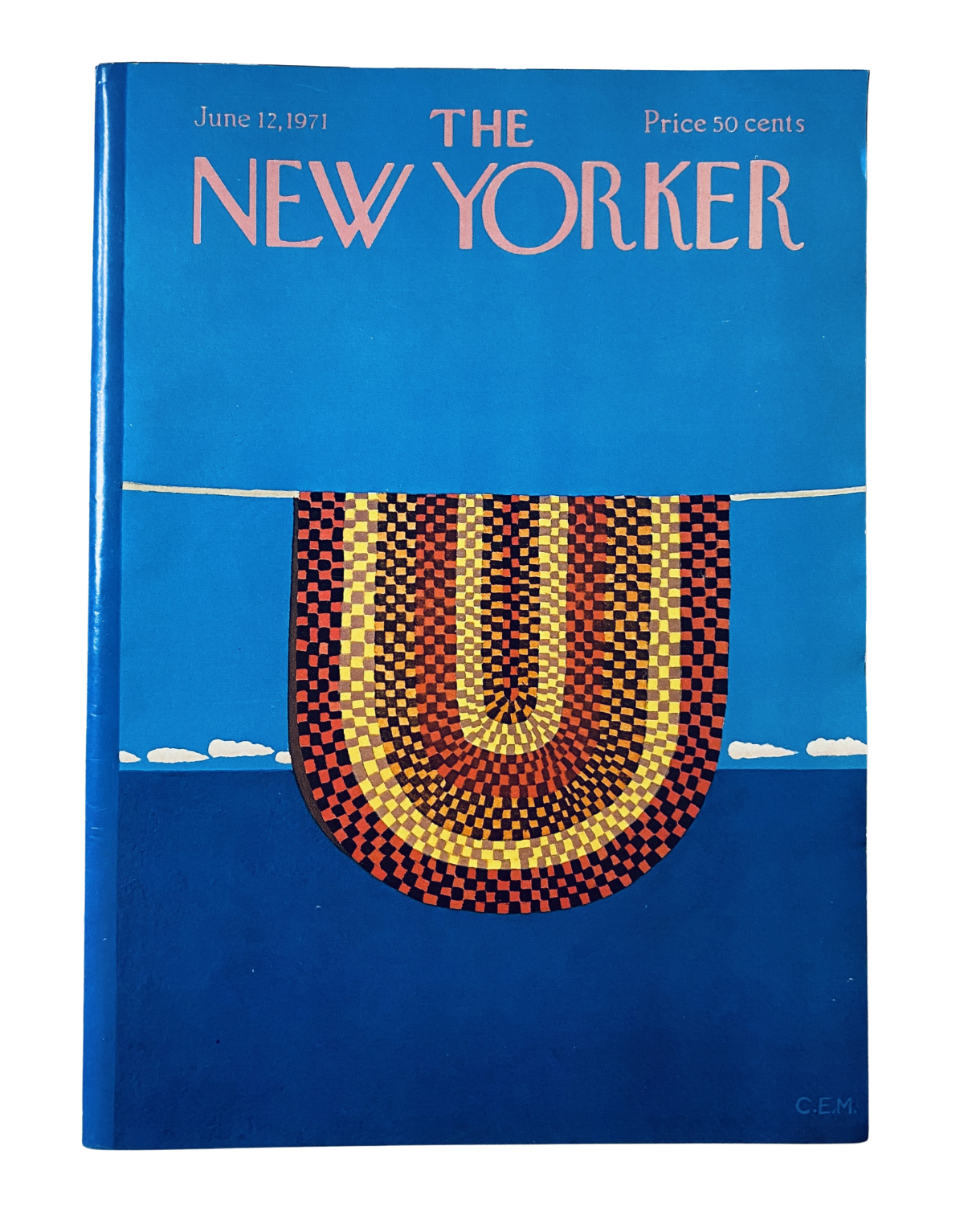 The New Yorker Magazine cover from June 12, 1971 featuring a vibrant abstract textile design by Charles Martin, showcasing a colorful pattern against a blue background.