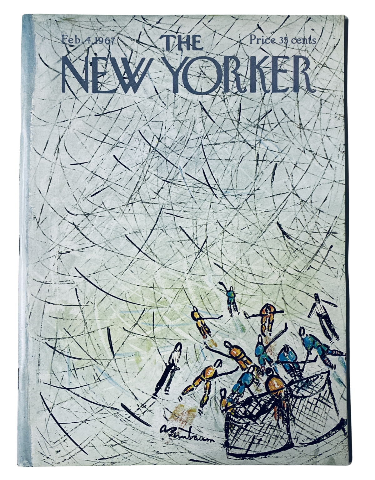 The New Yorker Magazine February 4, 1967 Ice Hockey Cover Vintage A. Birnbaum featuring an artistic illustration of ice hockey players in action.