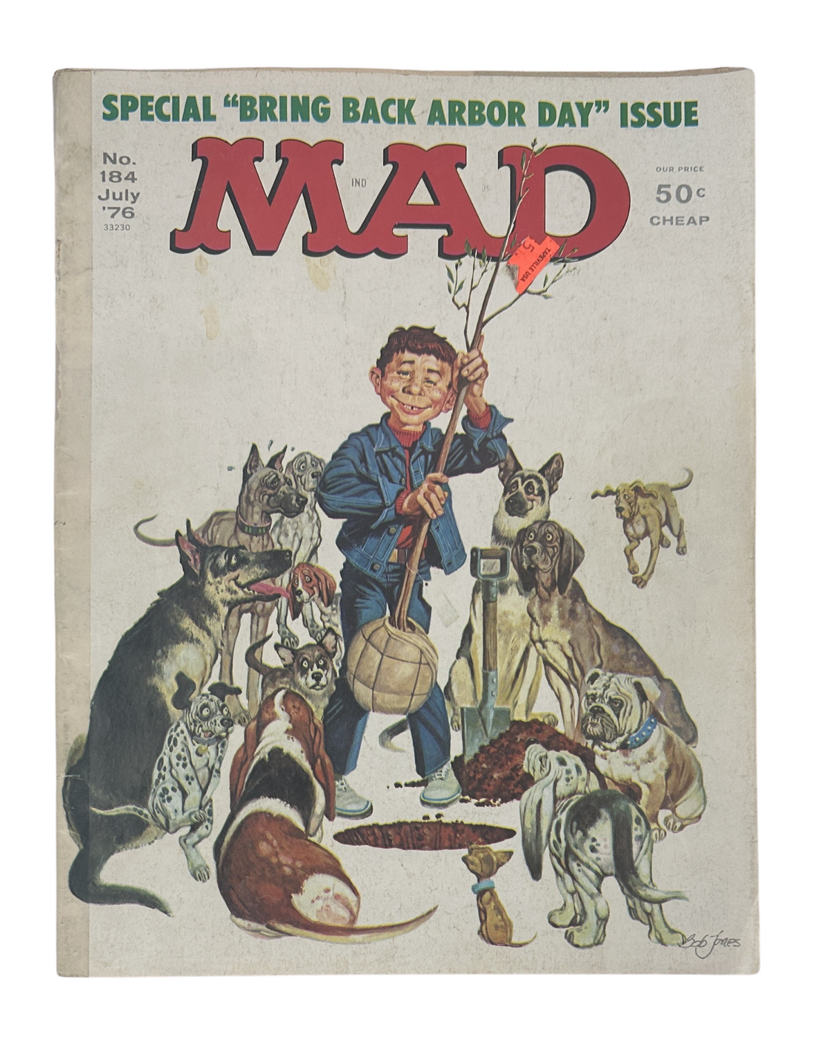MAD Magazine No. 184 July 1976 One Flew Over the Rest Movie Parody cover featuring a man holding a tree in a bag surrounded by dogs, highlighting the humorous theme of 'bring back Arbor Day'.