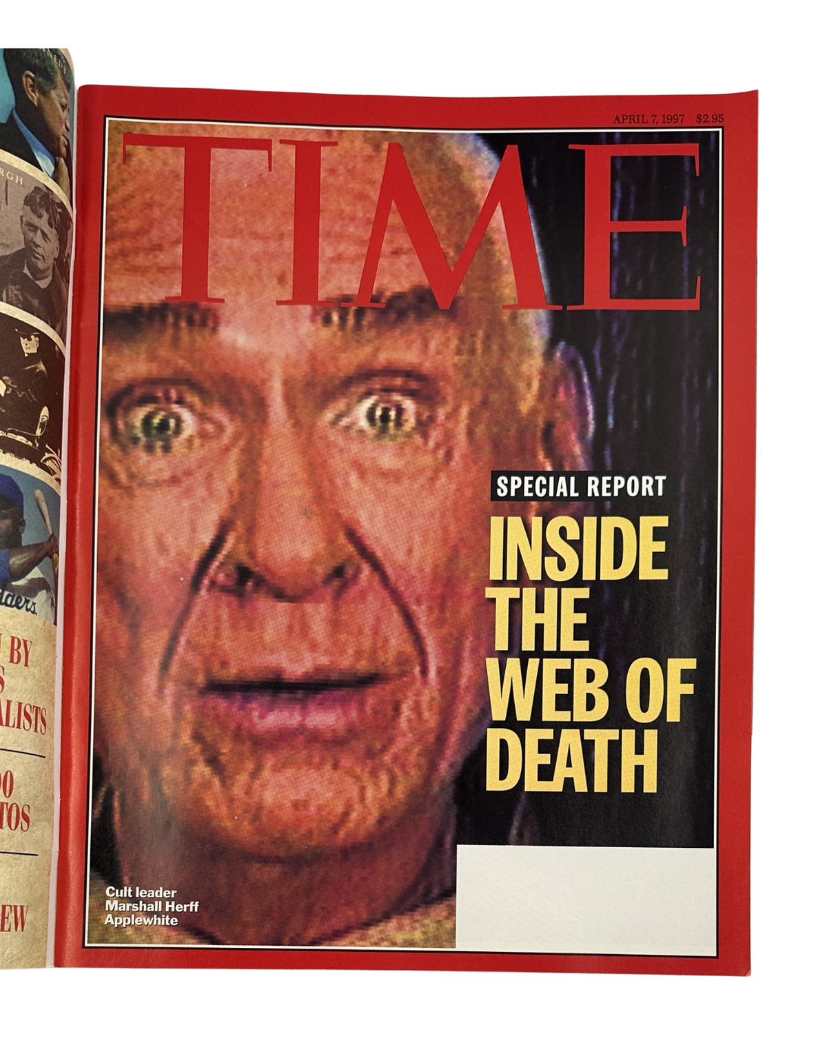 Time Magazine April 7, 1997 cover featuring cult leader Marshall Herff Applewhite, titled 'Inside the Web of Death,' highlighting a special report on the Hale-Bopp comet incident.