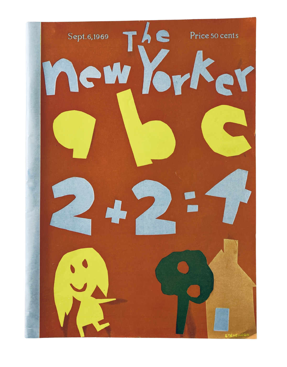 Cover of The New Yorker Magazine dated September 6, 1969, featuring colorful cut-out letters and child-like drawings representing 'ABC' and '2+2=4', designed by J. Stevenson.