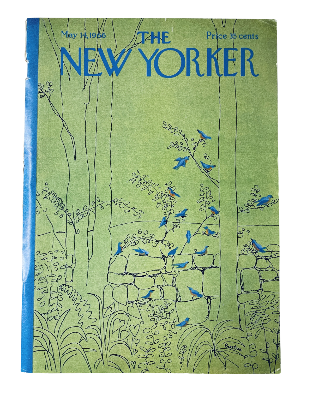 The New Yorker Magazine May 14, 1966 cover art featuring vibrant illustrations of garden birds by David Preston, showcasing a whimsical nature scene.