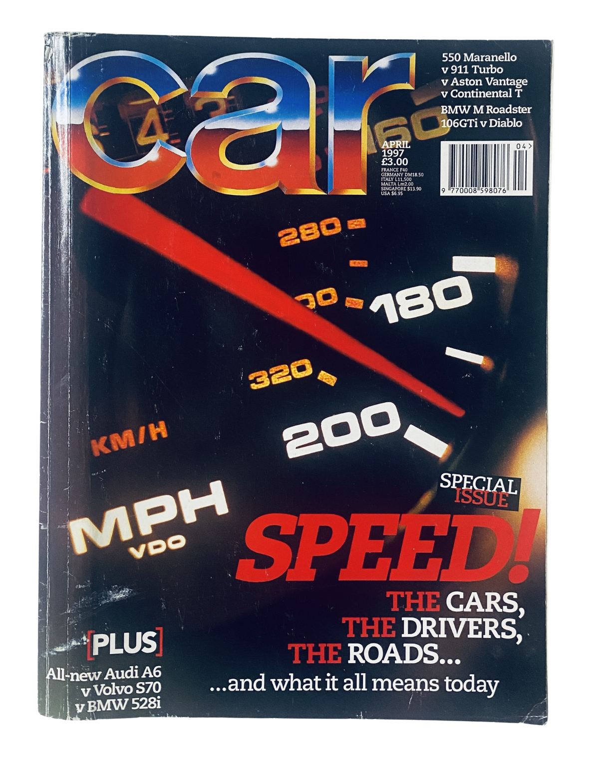 Cover of Car Magazine April 1997, titled 'Speed Issue' featuring Ferrari 550, 911 Turbo, Aston Vantage, BMW M Roadster, and iconic speedometer graphics.