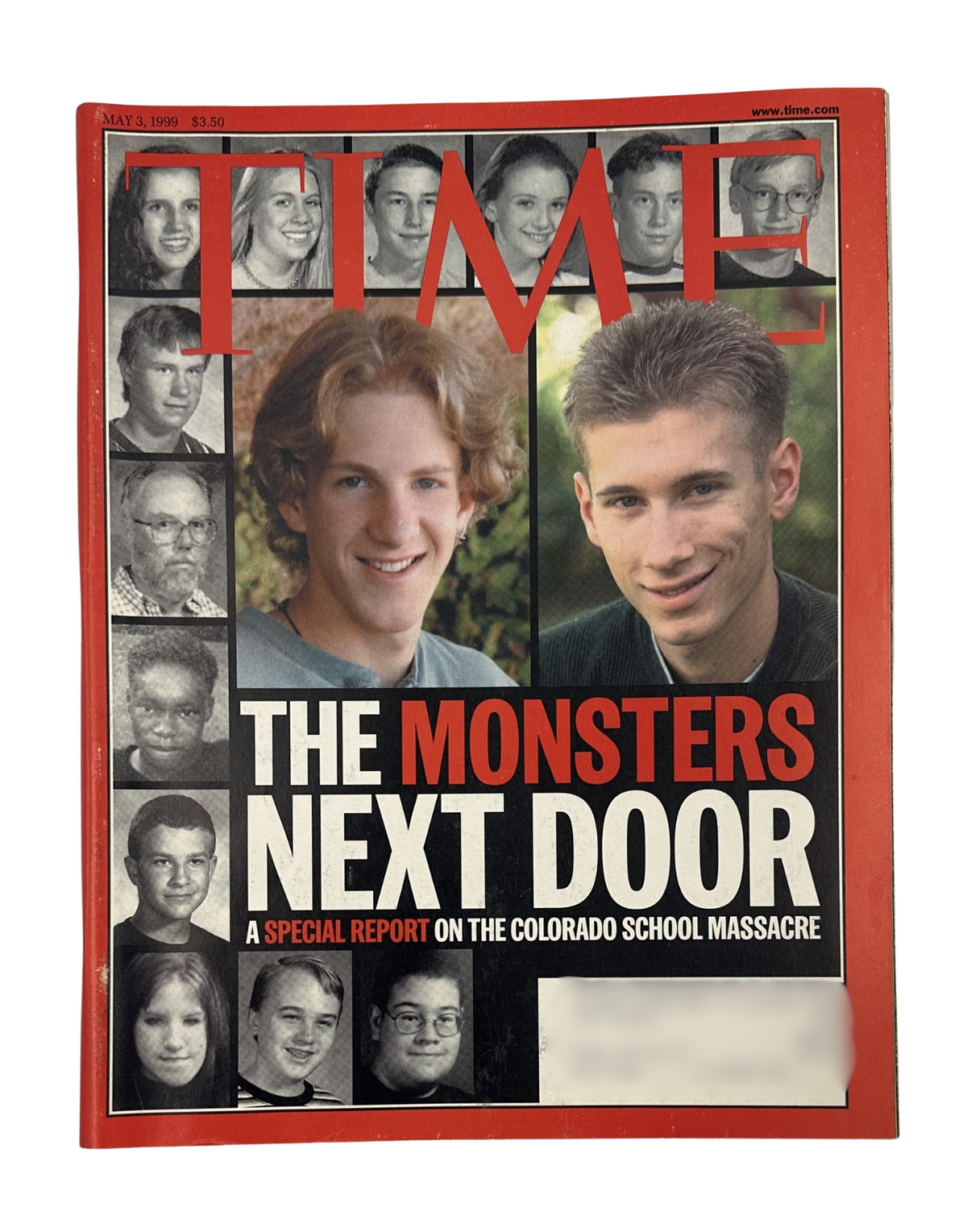 Time Magazine cover from May 3, 1999 featuring the title 'The Monsters Next Door: A Special Report on the Colorado School Massacre' with images of Dylan Klebold and Eric Harris, surrounded by photos of other students.