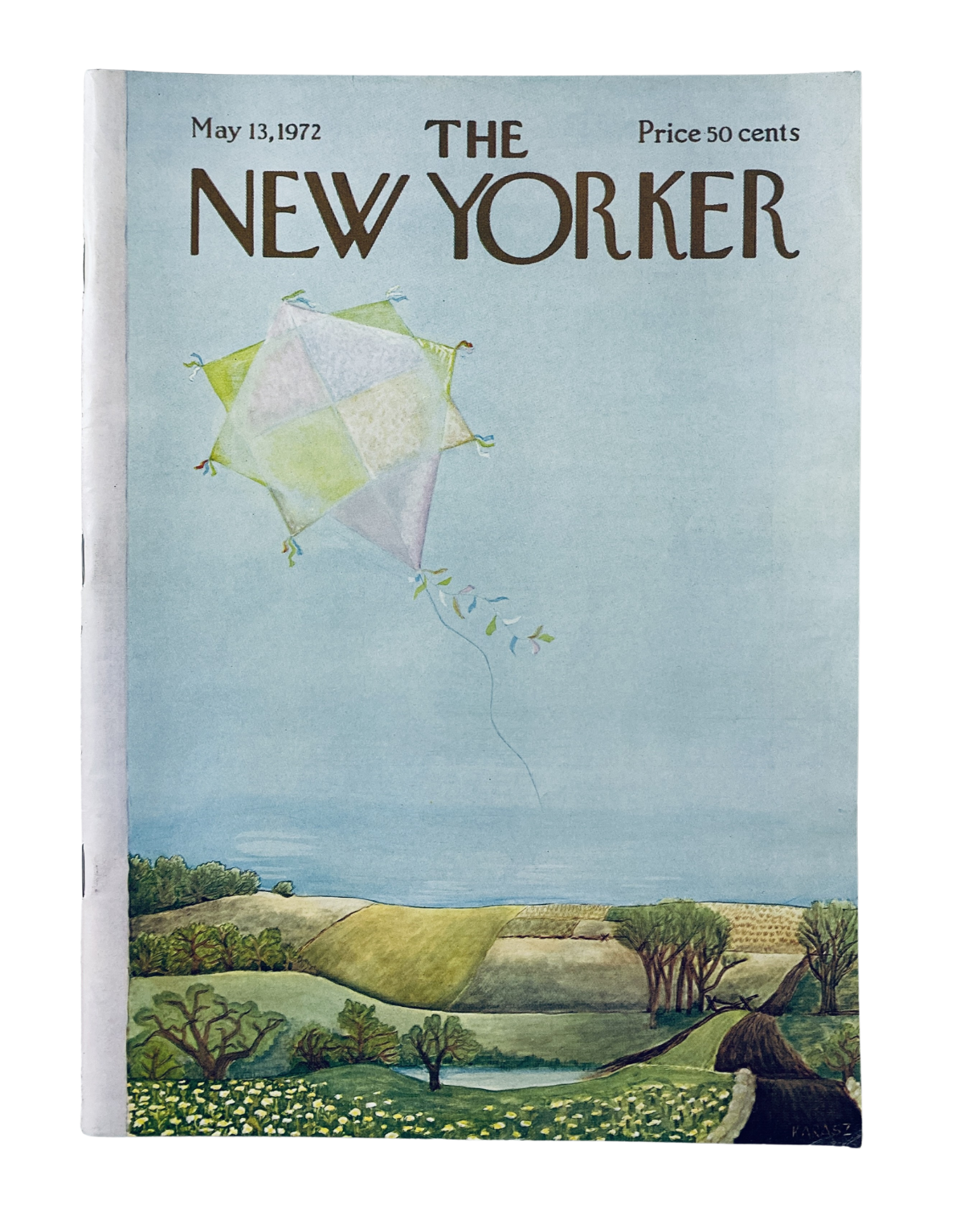 Cover of The New Yorker Magazine dated May 13, 1972, featuring a kite soaring over a serene landscape with green fields and trees, designed by Ilonka Karasz.