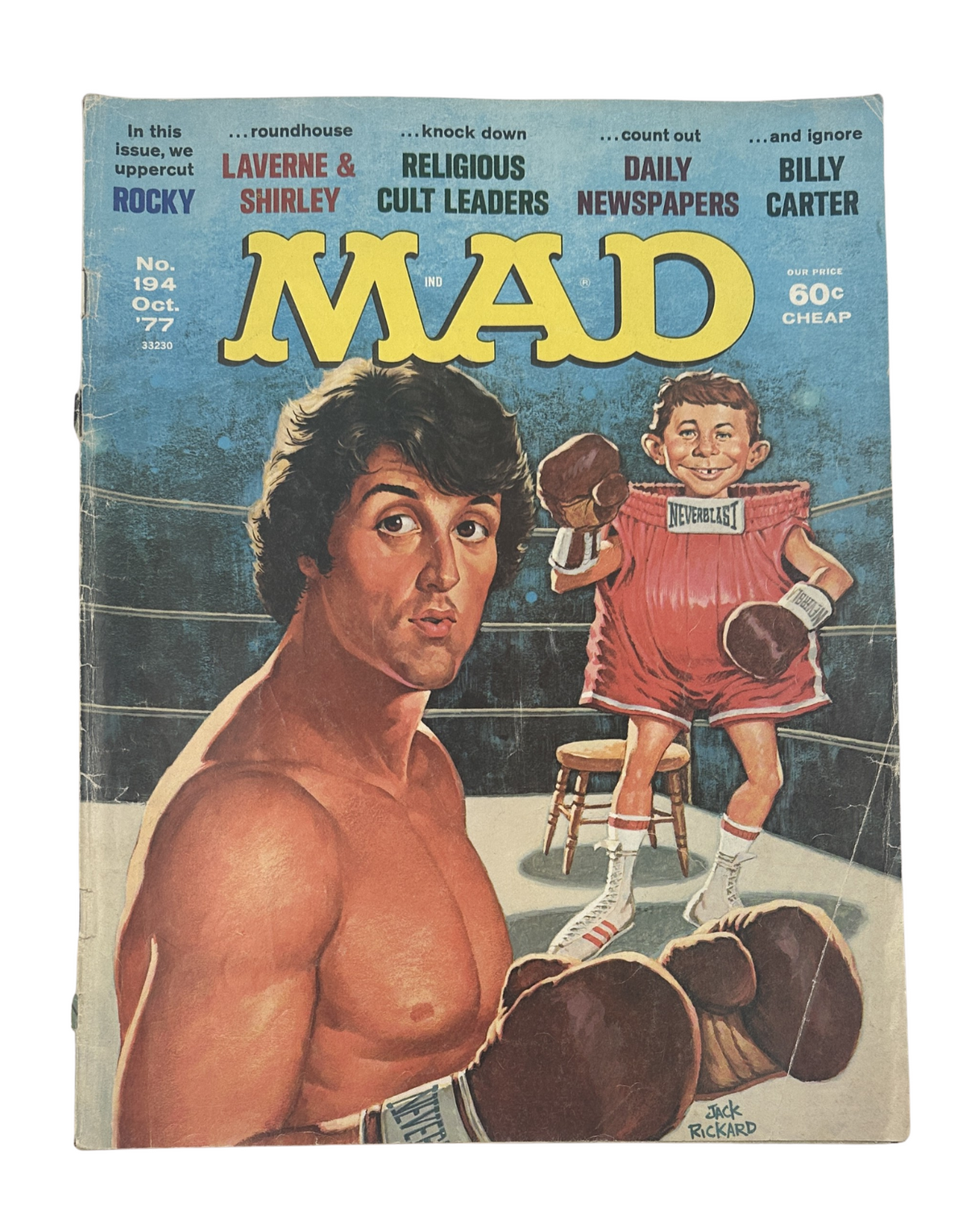 Cover of MAD Magazine No. 194 from October 1977 featuring a parody of the Rocky movie, with characters from Laverne & Shirley, and a depiction of a boxing scene with a prominent figure resembling Sylvester Stallone.