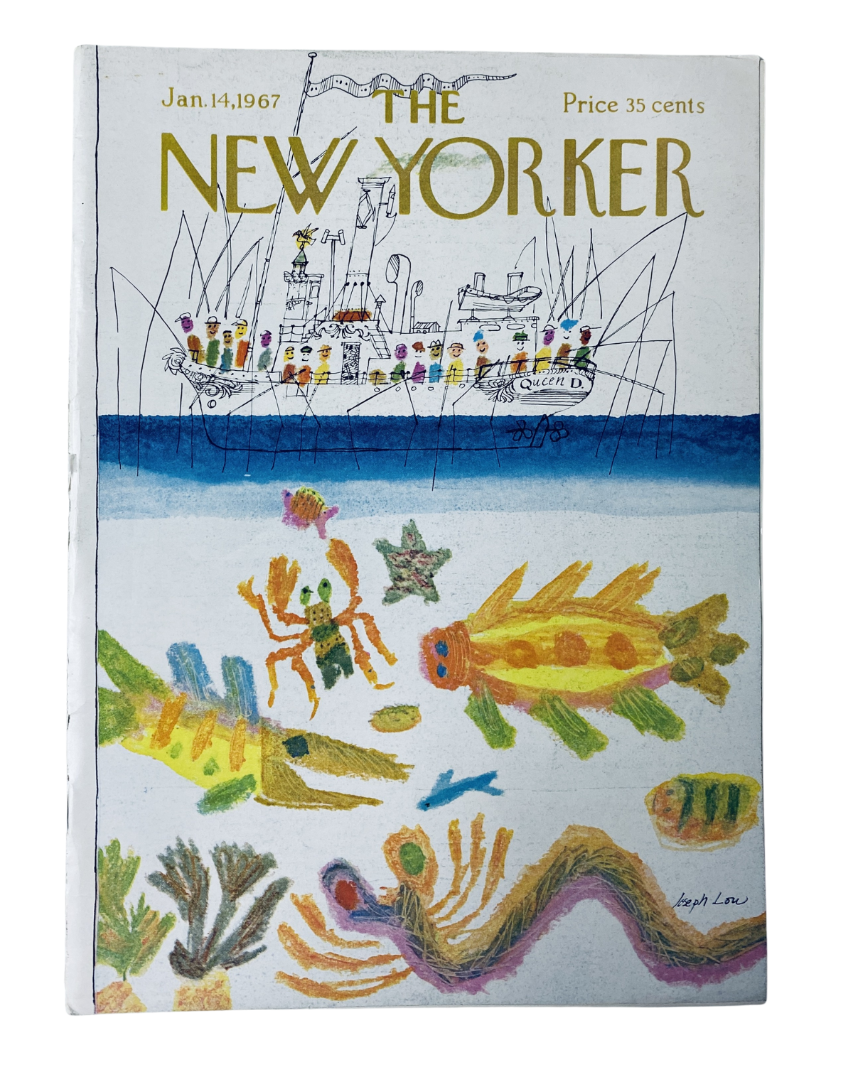 The New Yorker Magazine January 14, 1967 Child Art Cover by Joseph Low featuring colorful marine life and a ship illustration.
