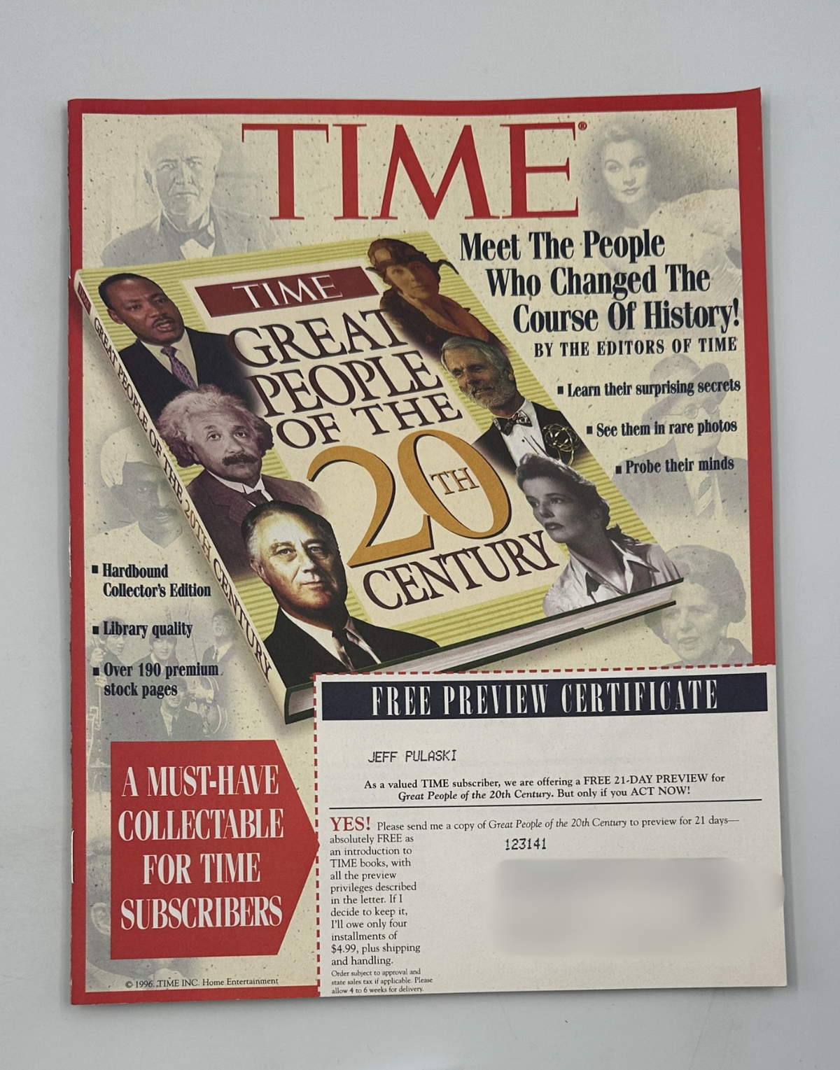 Time Magazine cover showcasing 'Great People of the 20th Century,' featuring notable individuals who changed history, with a Free Preview Certificate included.