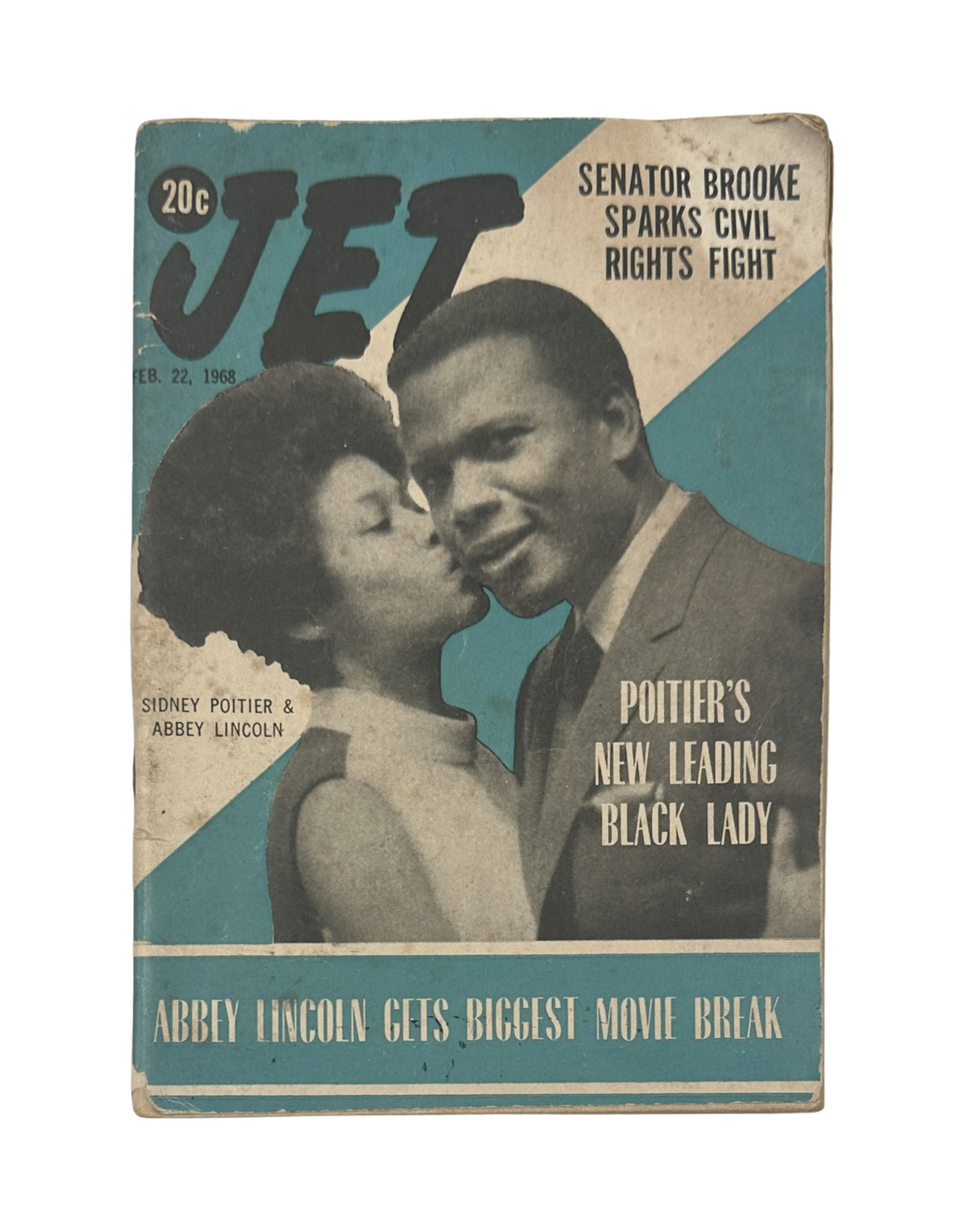 Cover of Jet Magazine dated February 22, 1968 featuring Sidney Poitier and Abbey Lincoln. The cover highlights 'Senator Brooke Sparks Civil Rights Fight' and includes the tagline 'Poitier's New Leading Black Lady'.