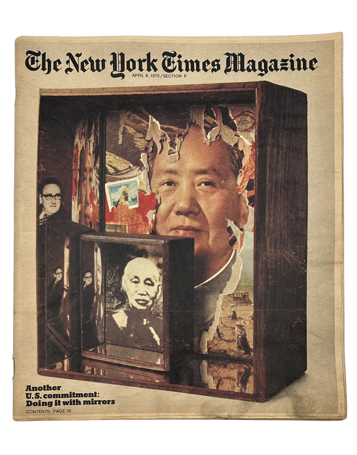 The New York Times Magazine cover from April 6, 1975, featuring a collage of images related to Mao Zedong and U.S. foreign policy, highlighting themes of diplomacy and historical context.