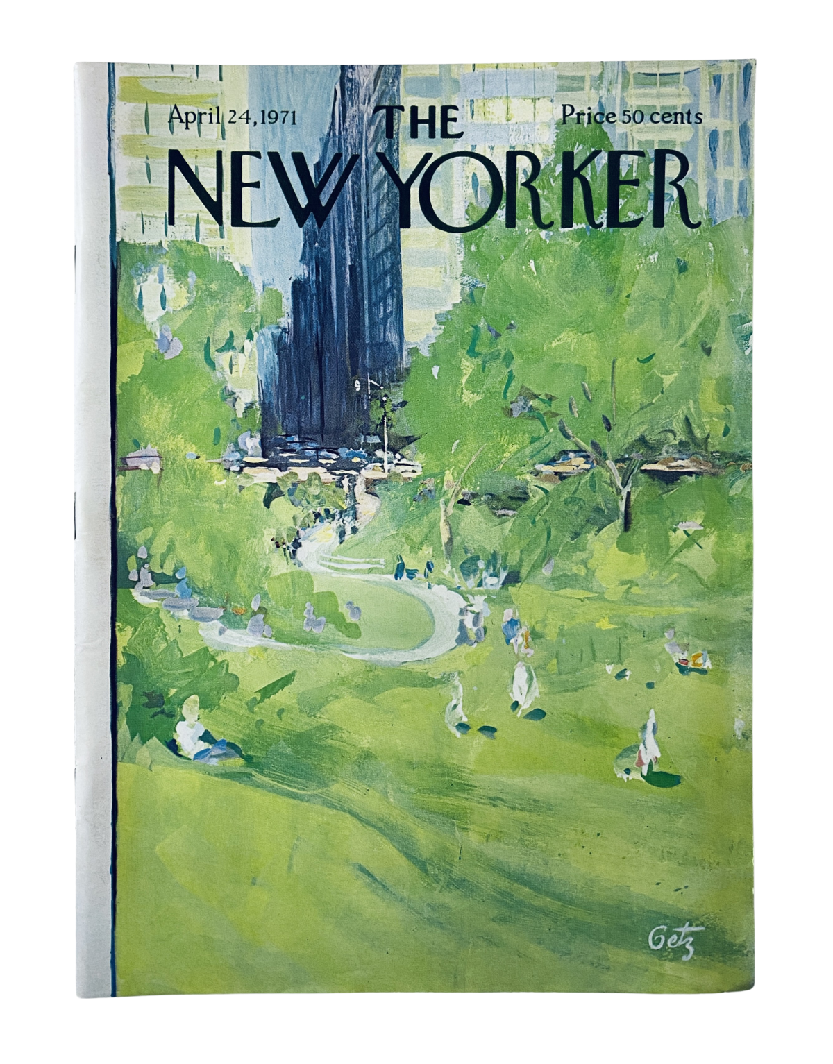 Cover of The New Yorker Magazine dated April 24, 1971, featuring a Central Park painting by Arthur Getz, showcasing vibrant green aesthetics and cityscape elements.